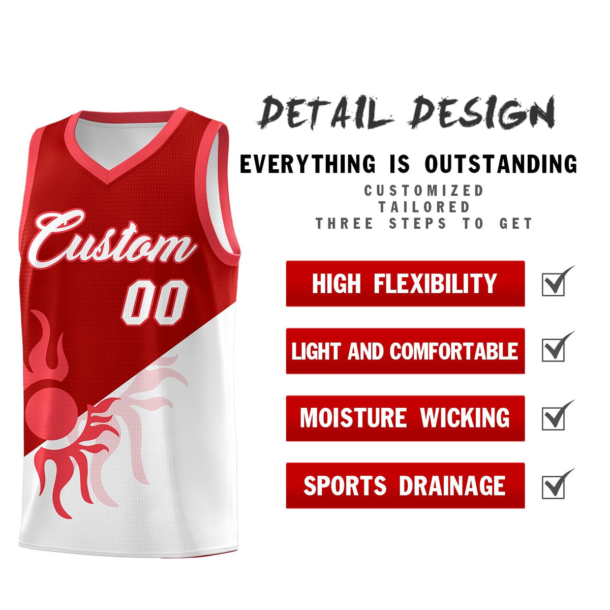 Custom Youth Basketball Jerseys - Red White Sunburst Design Two Tone Uniforms