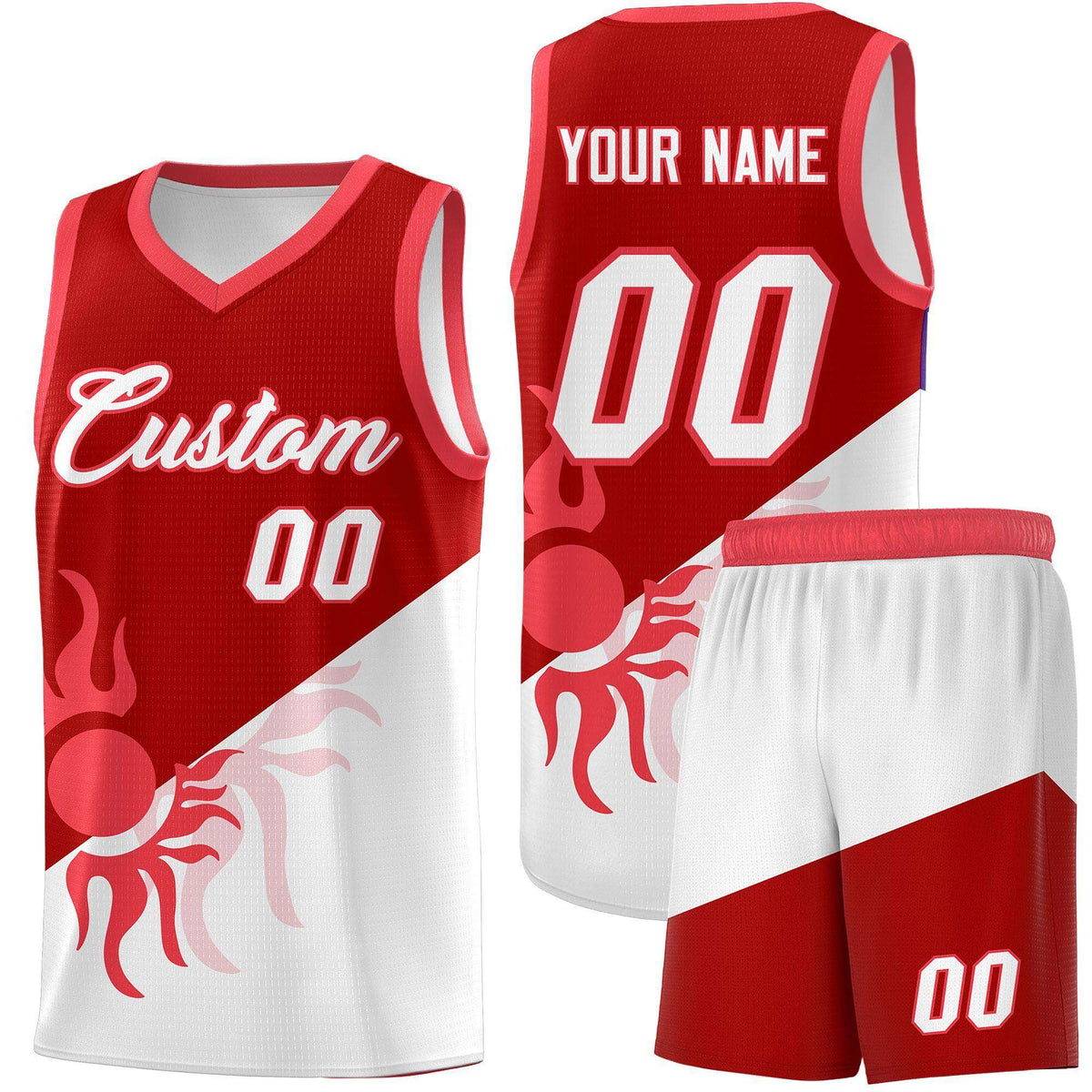 Custom Youth Basketball Jerseys - Red White Sunburst Design Two Tone Uniforms