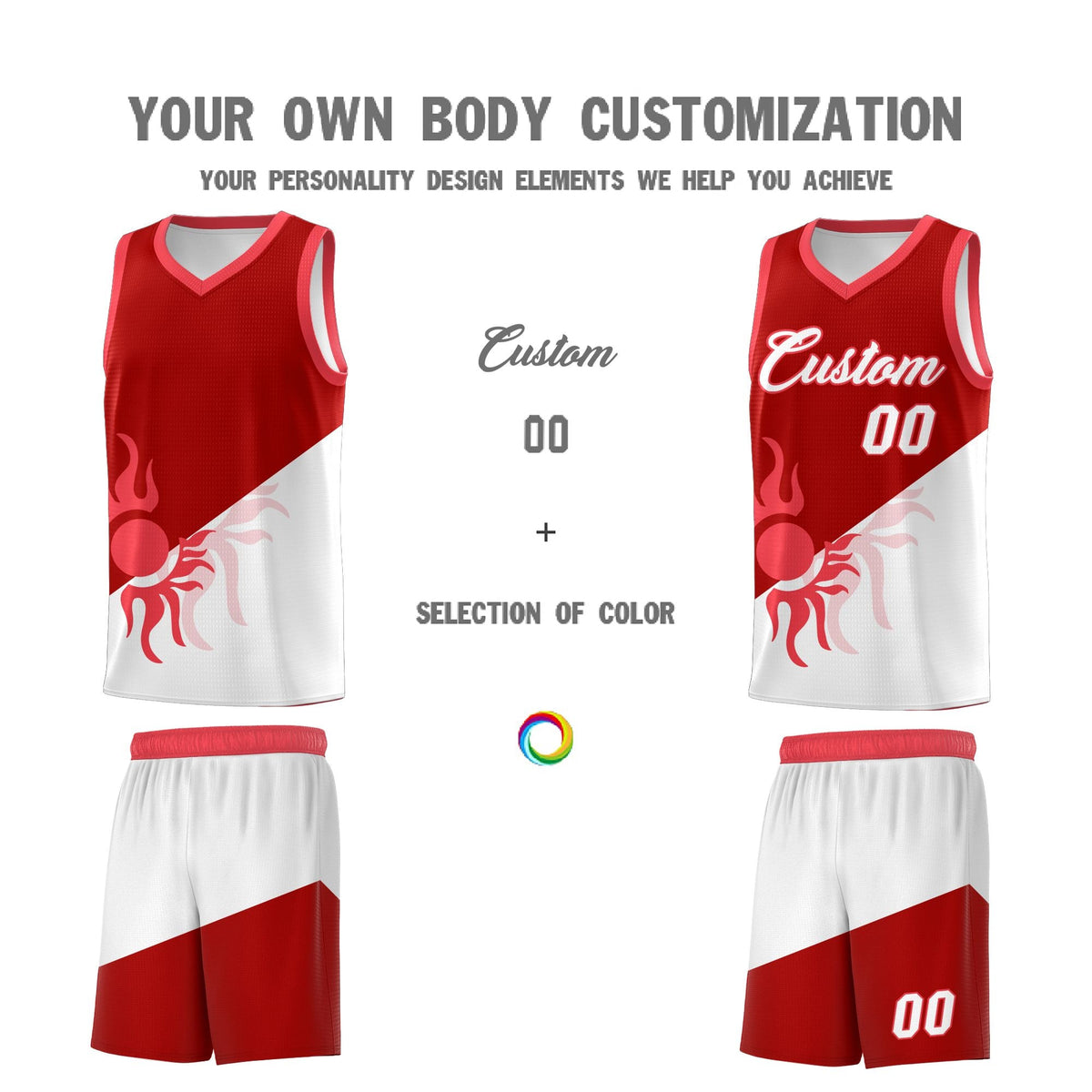 Custom Youth Basketball Jerseys - Red White Sunburst Design Two Tone Uniforms