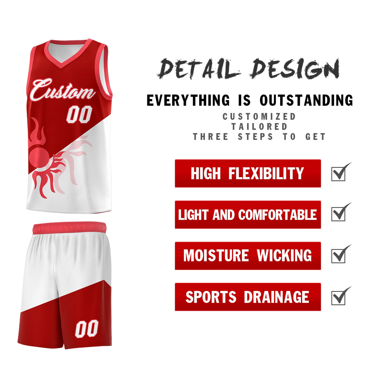 Custom Youth Basketball Jerseys - Red White Sunburst Design Two Tone Uniforms