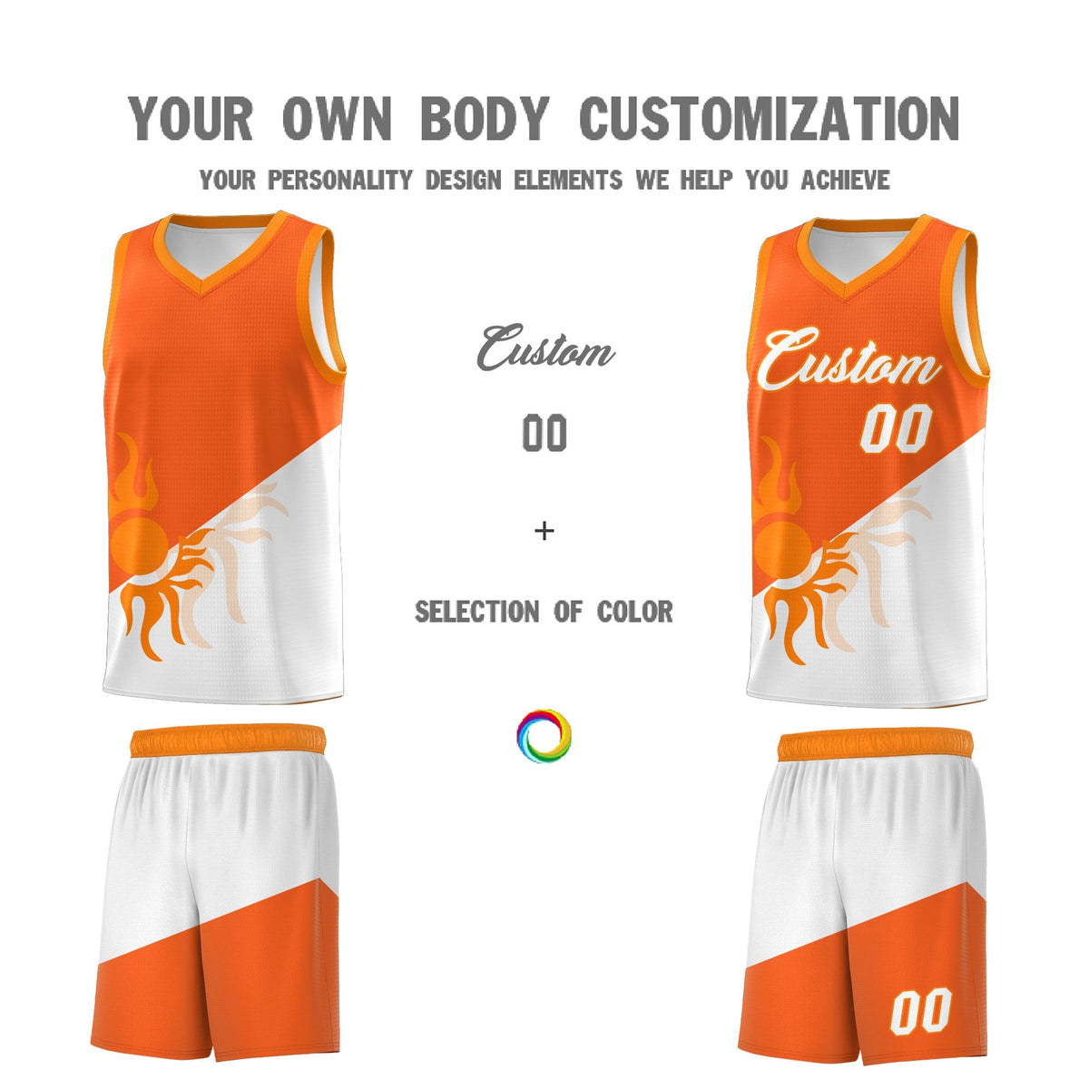 Custom Youth Basketball Jerseys - Orange White Radiant Sun Design Two Tone Uniforms