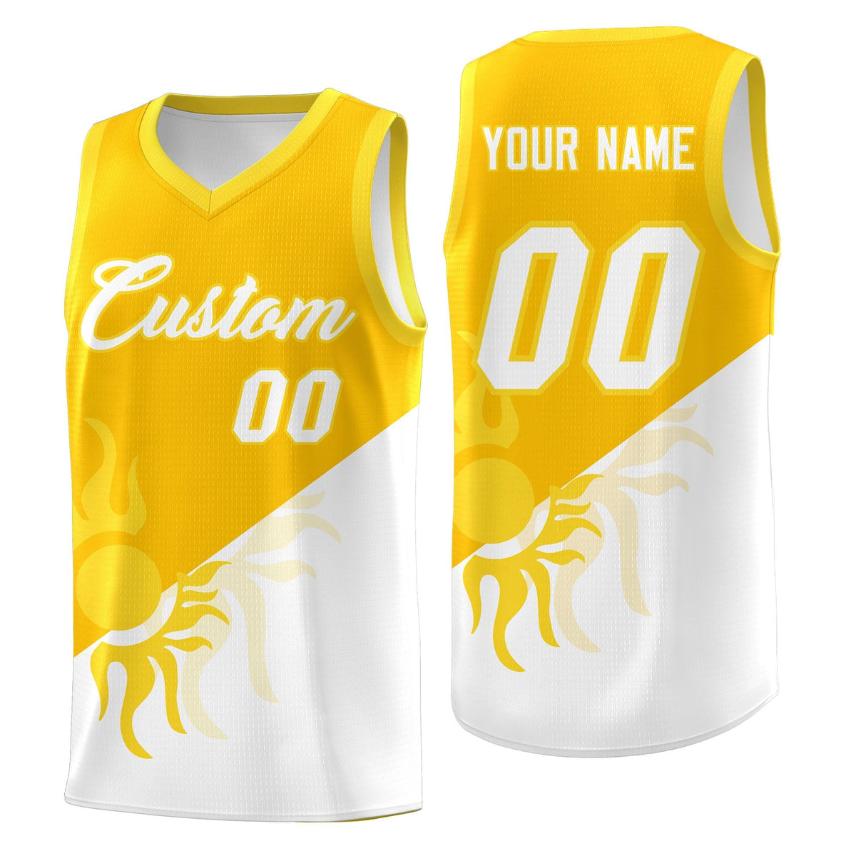 Custom Youth Basketball Jerseys - Yellow White Sunburst Design Two Tone Uniforms