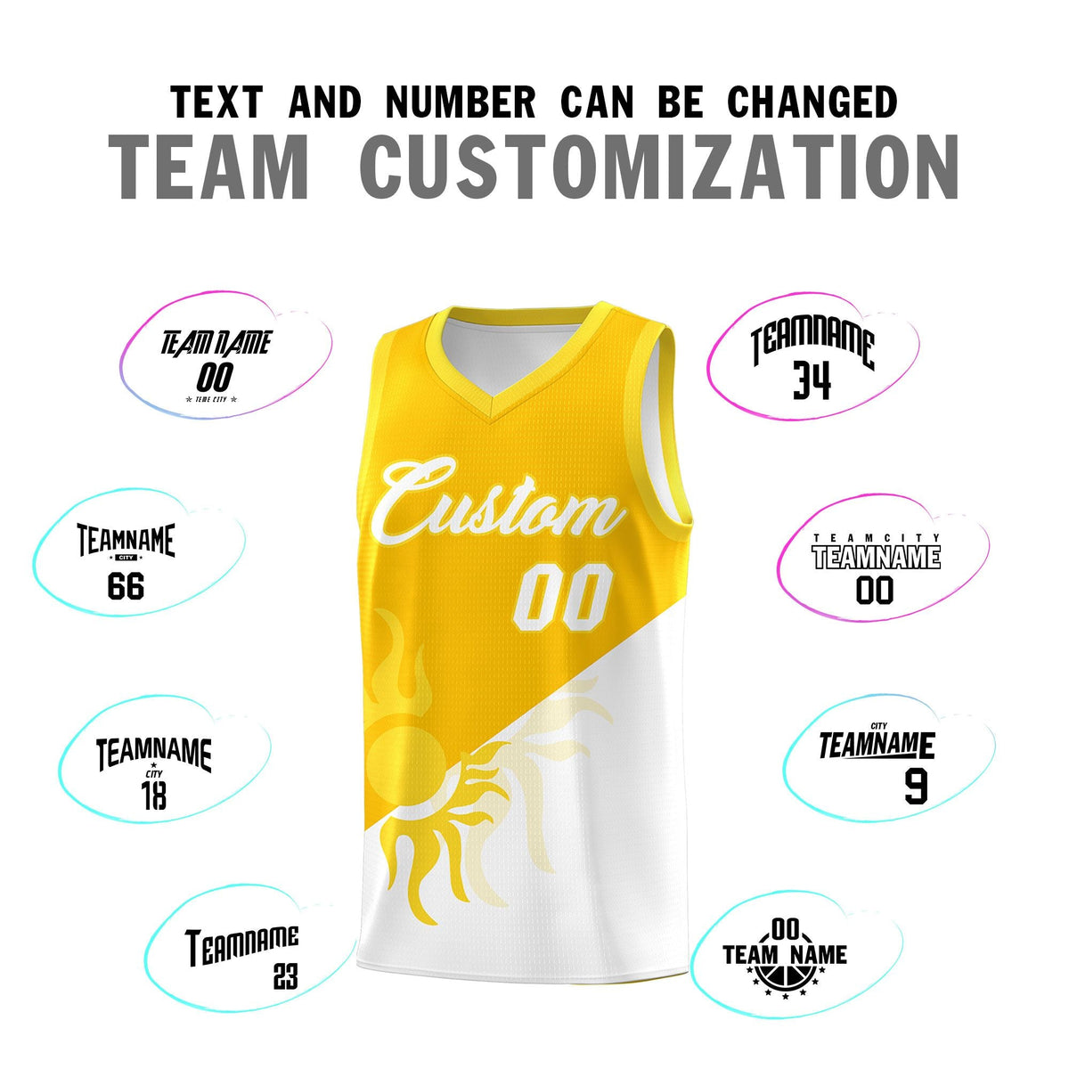 Custom Youth Basketball Jerseys - Yellow White Sunburst Design Two Tone Uniforms