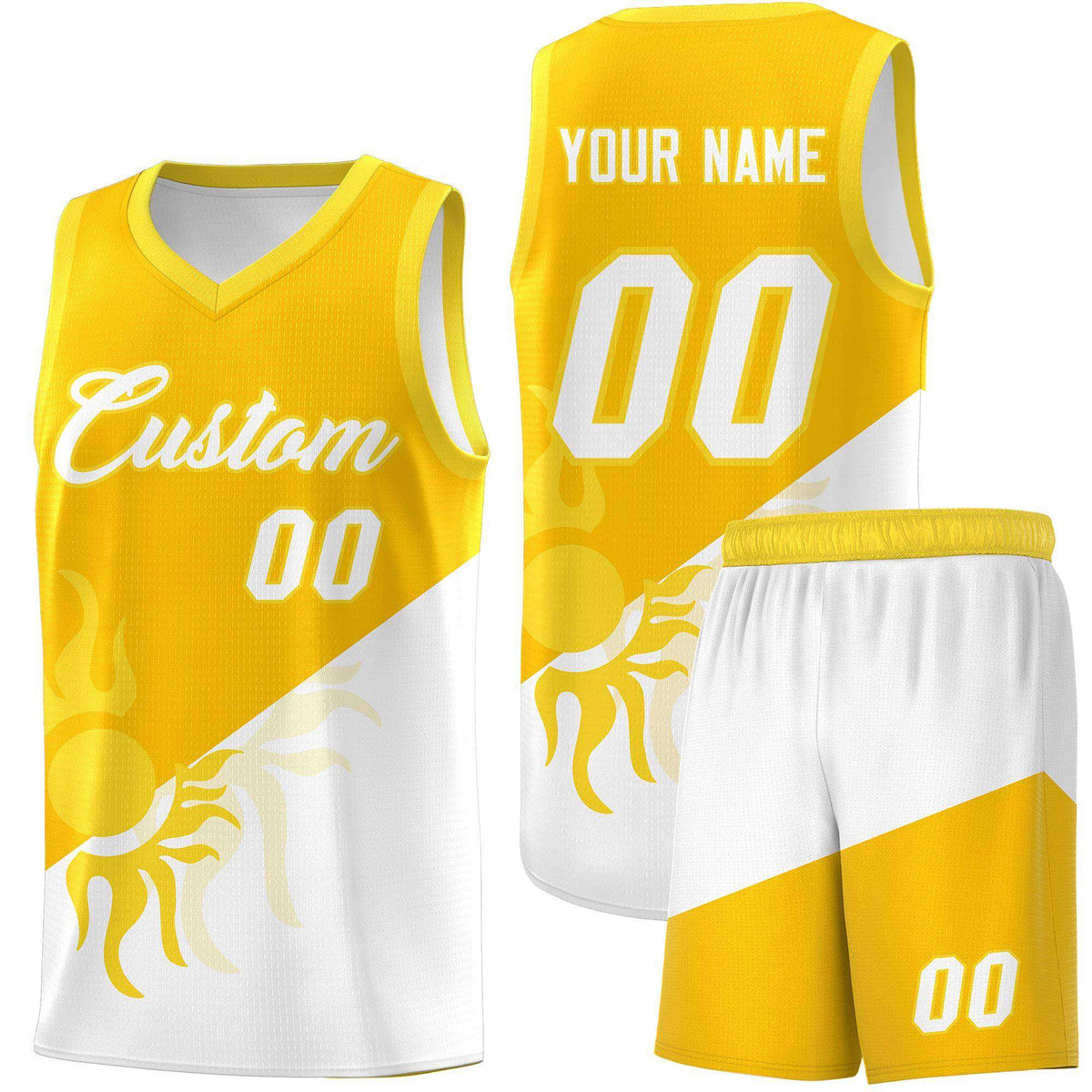 Custom Youth Basketball Jerseys - Yellow White Sunburst Design Two Tone Uniforms