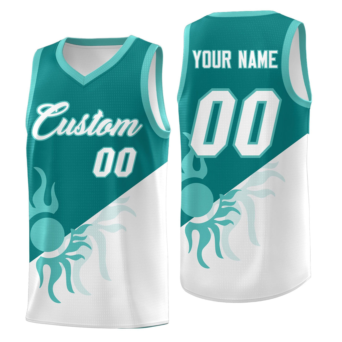 Custom Youth Basketball Jerseys - Teal White Sunburst Design Two Tone Uniforms