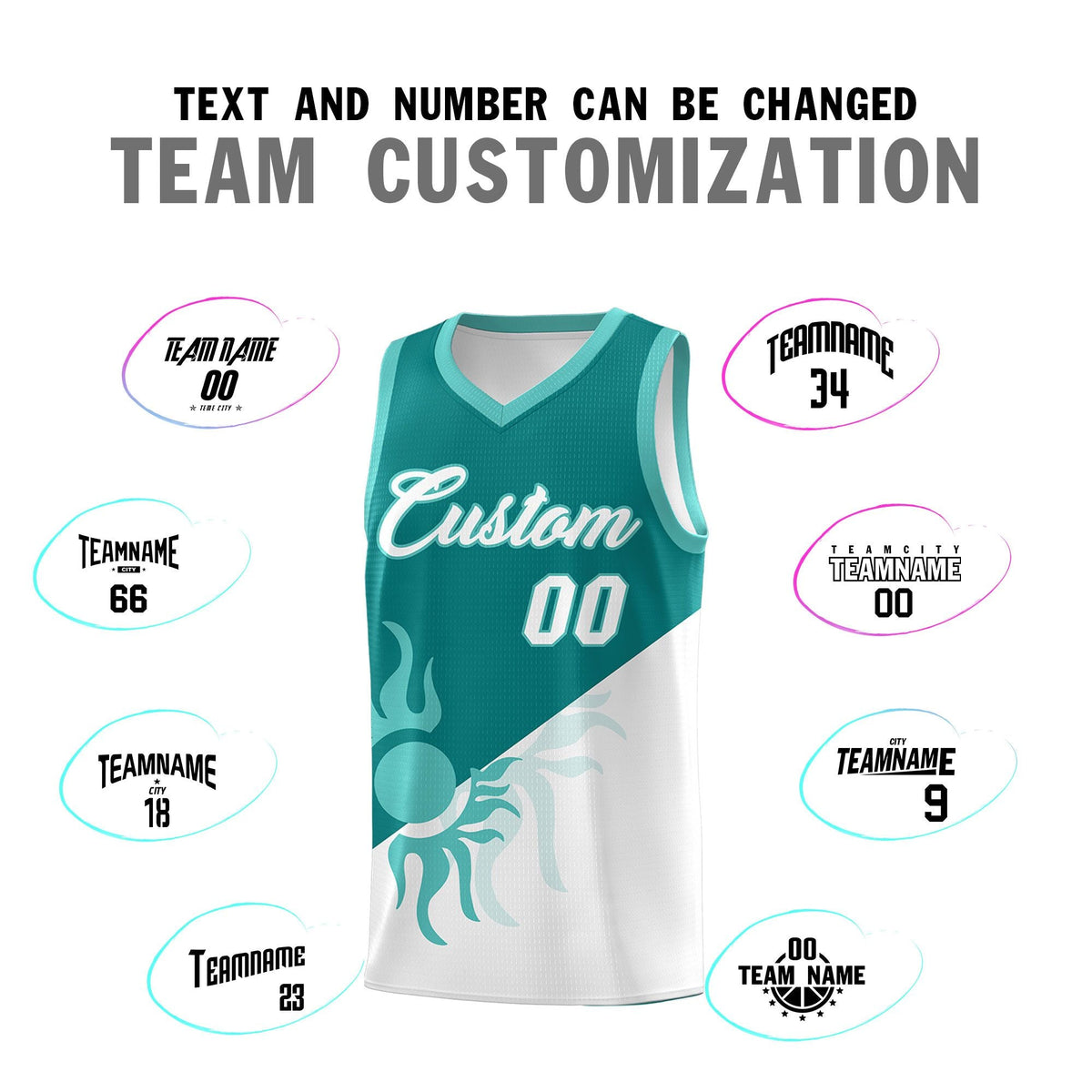 Custom Youth Basketball Jerseys - Teal White Sunburst Design Two Tone Uniforms