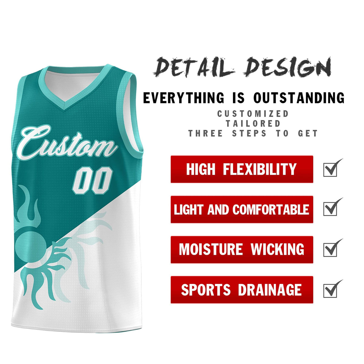 Custom Youth Basketball Jerseys - Teal White Sunburst Design Two Tone Uniforms