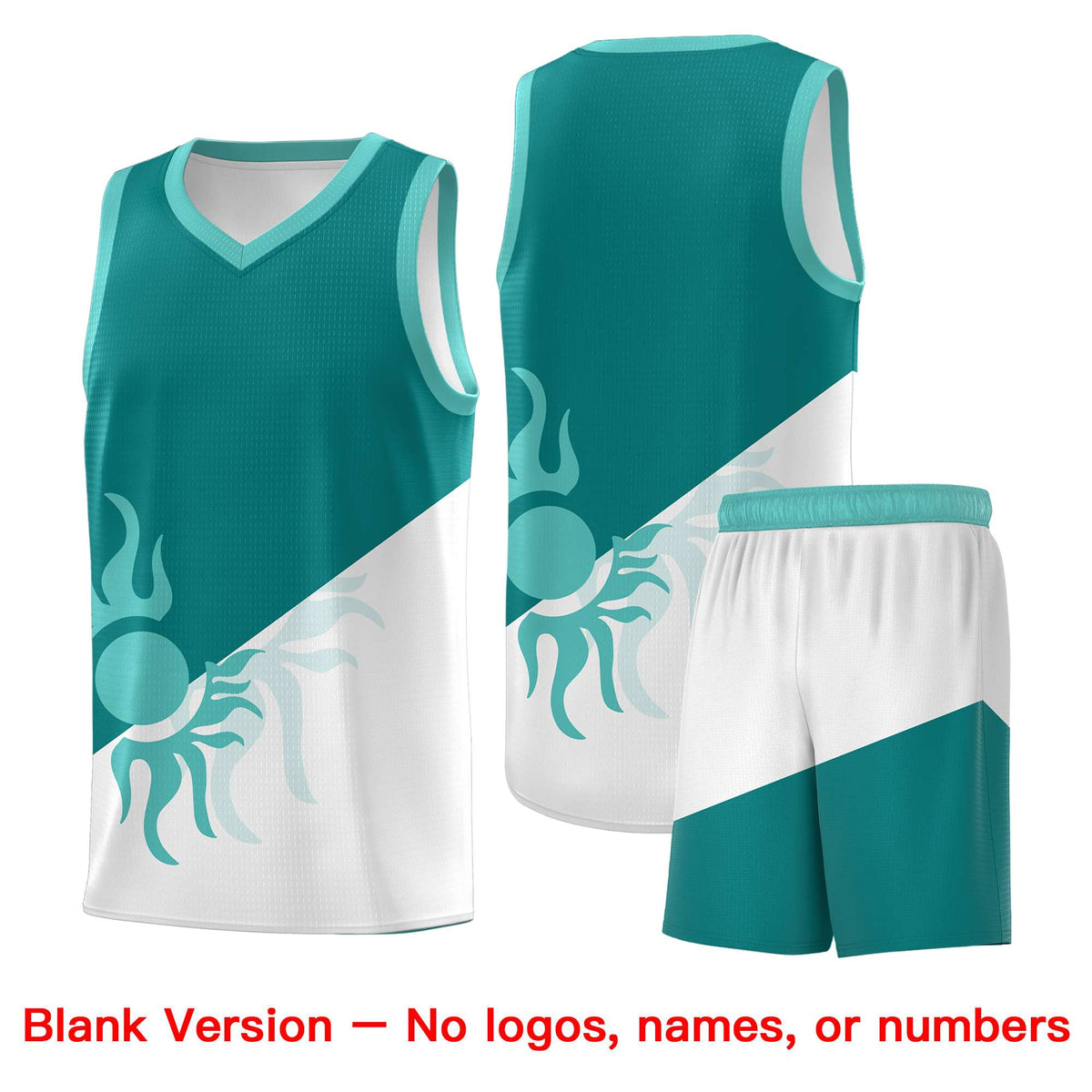 Custom Youth Basketball Jerseys - Teal White Sunburst Design Two Tone Uniforms