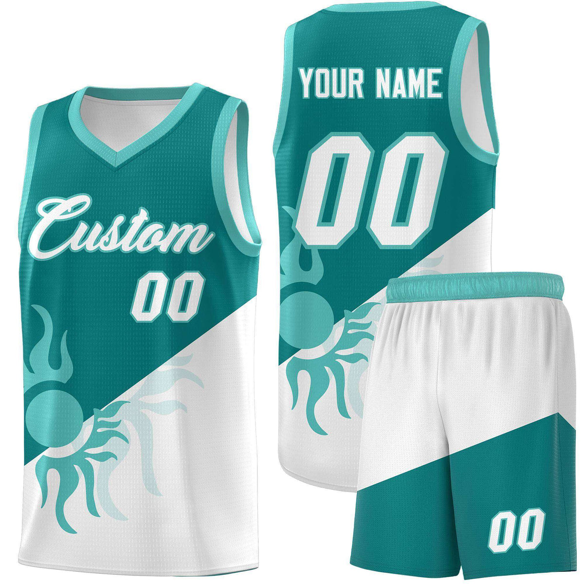 Custom Youth Basketball Jerseys - Teal White Sunburst Design Two Tone Uniforms