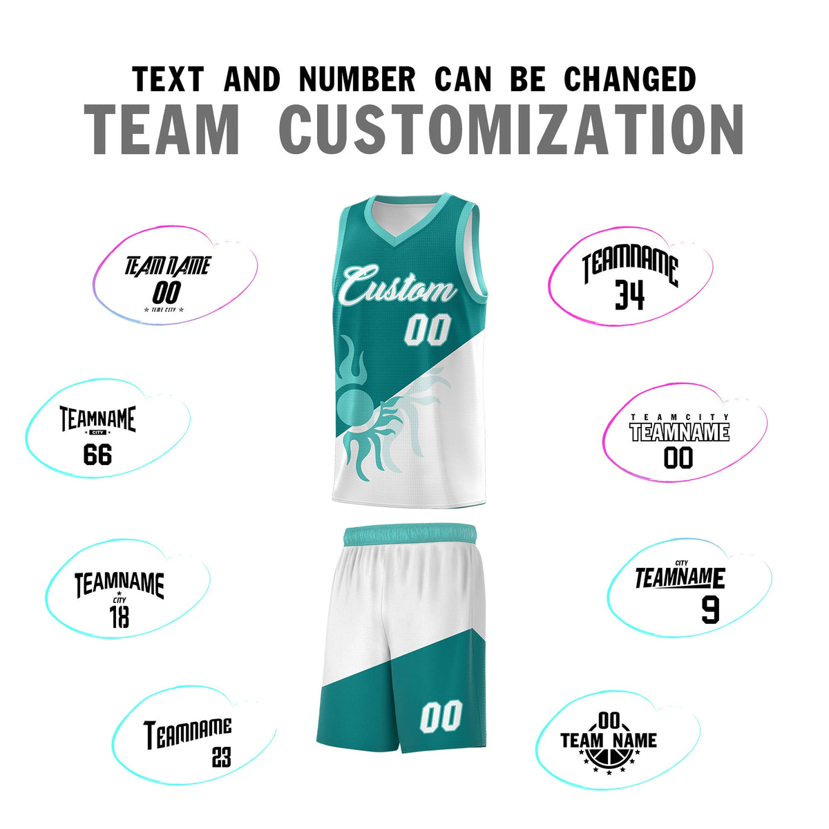 Custom Youth Basketball Jerseys - Teal White Sunburst Design Two Tone Uniforms