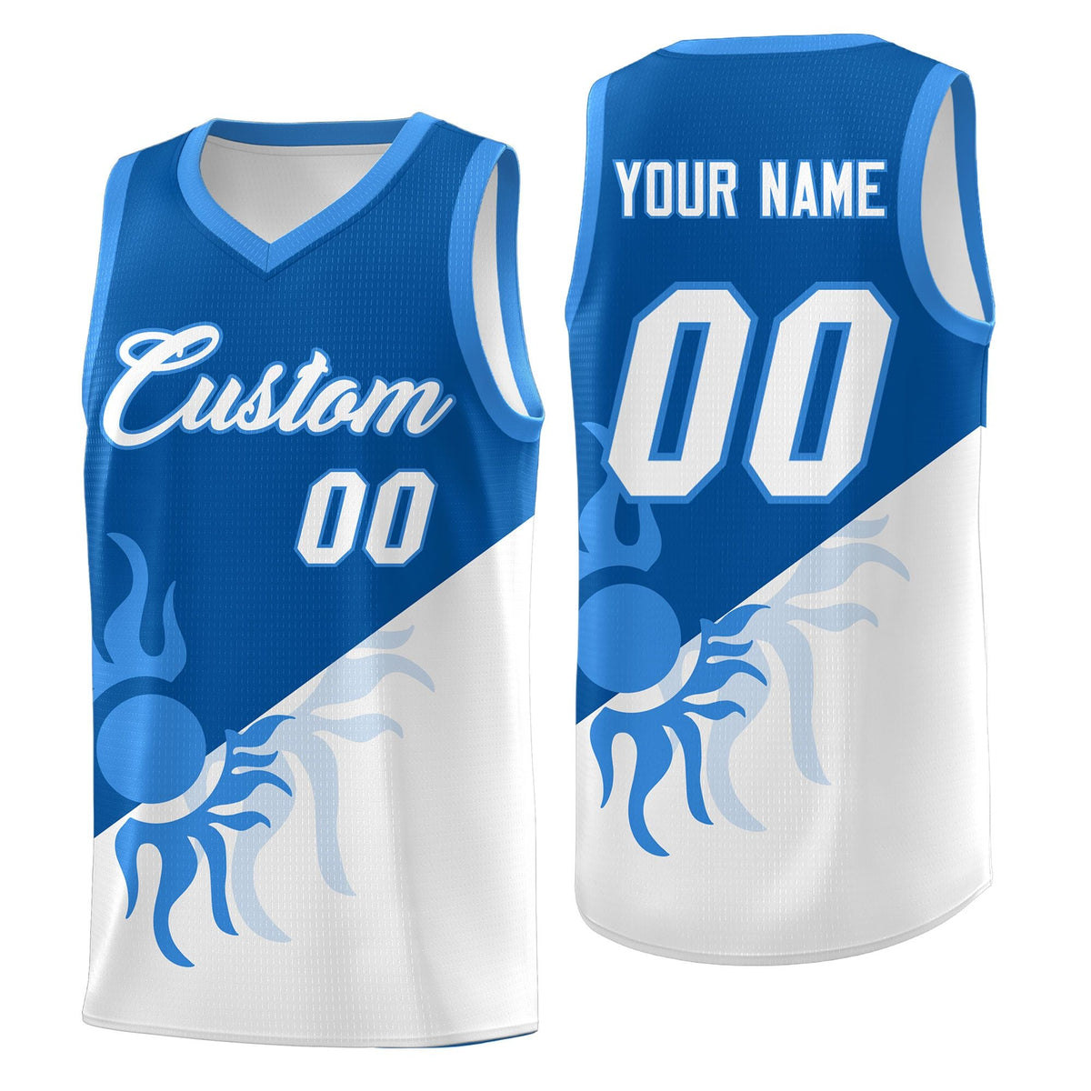 Custom Youth Basketball Jerseys - Royal White Radiant Sun Design Two Tone Uniforms
