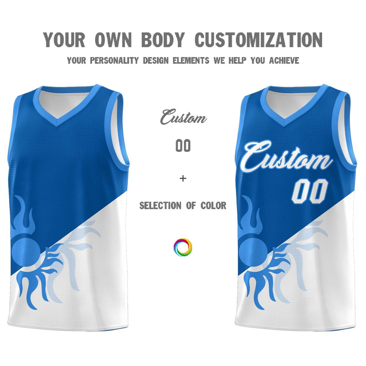 Custom Youth Basketball Jerseys - Royal White Radiant Sun Design Two Tone Uniforms