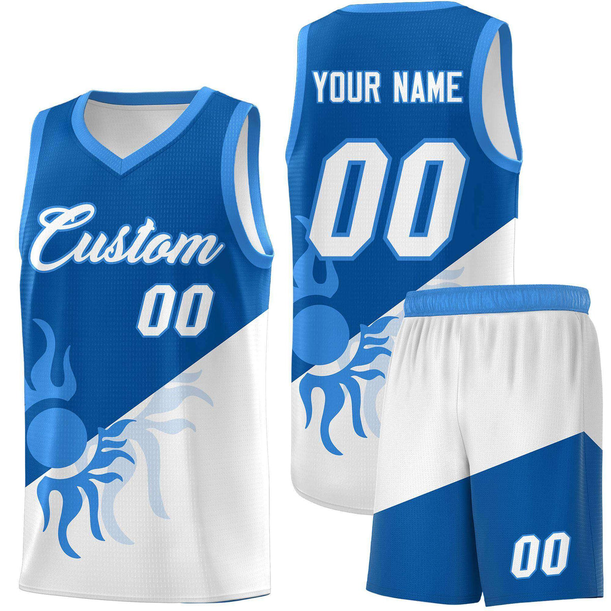 Custom Youth Basketball Jerseys - Royal White Radiant Sun Design Two Tone Uniforms
