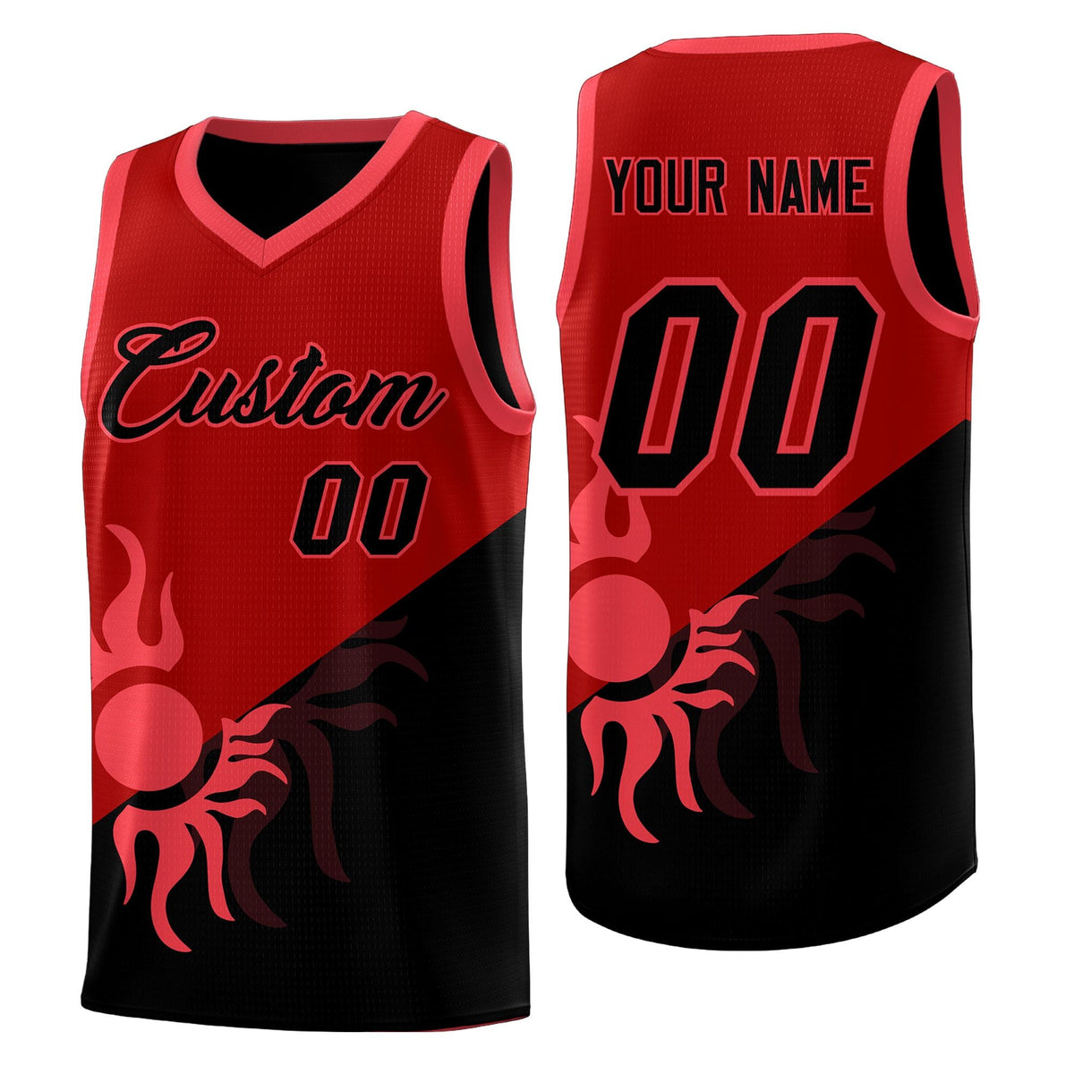 Custom Youth Basketball Jerseys - Red Black Sunburst Design Two Tone Uniforms