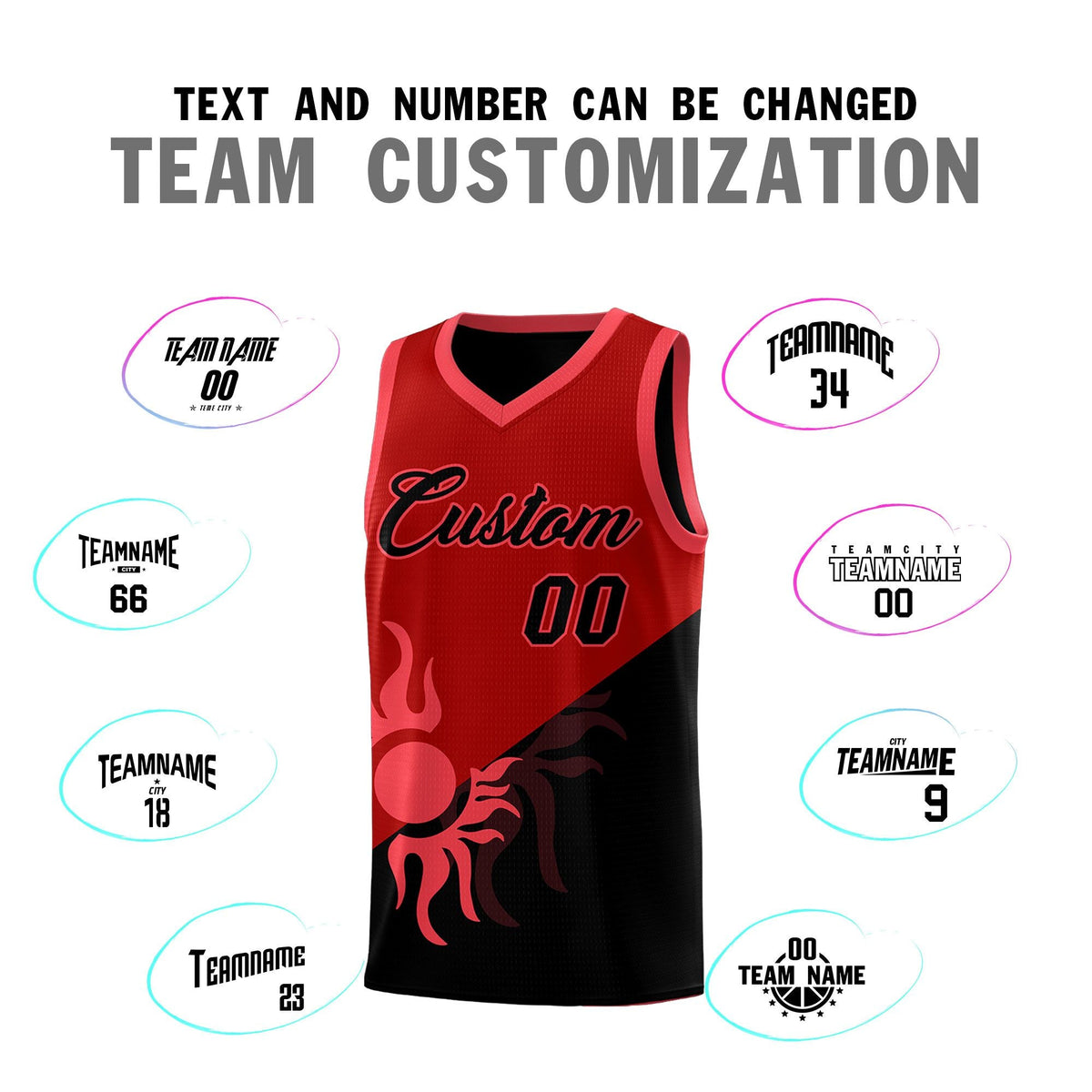 Custom Youth Basketball Jerseys - Red Black Sunburst Design Two Tone Uniforms