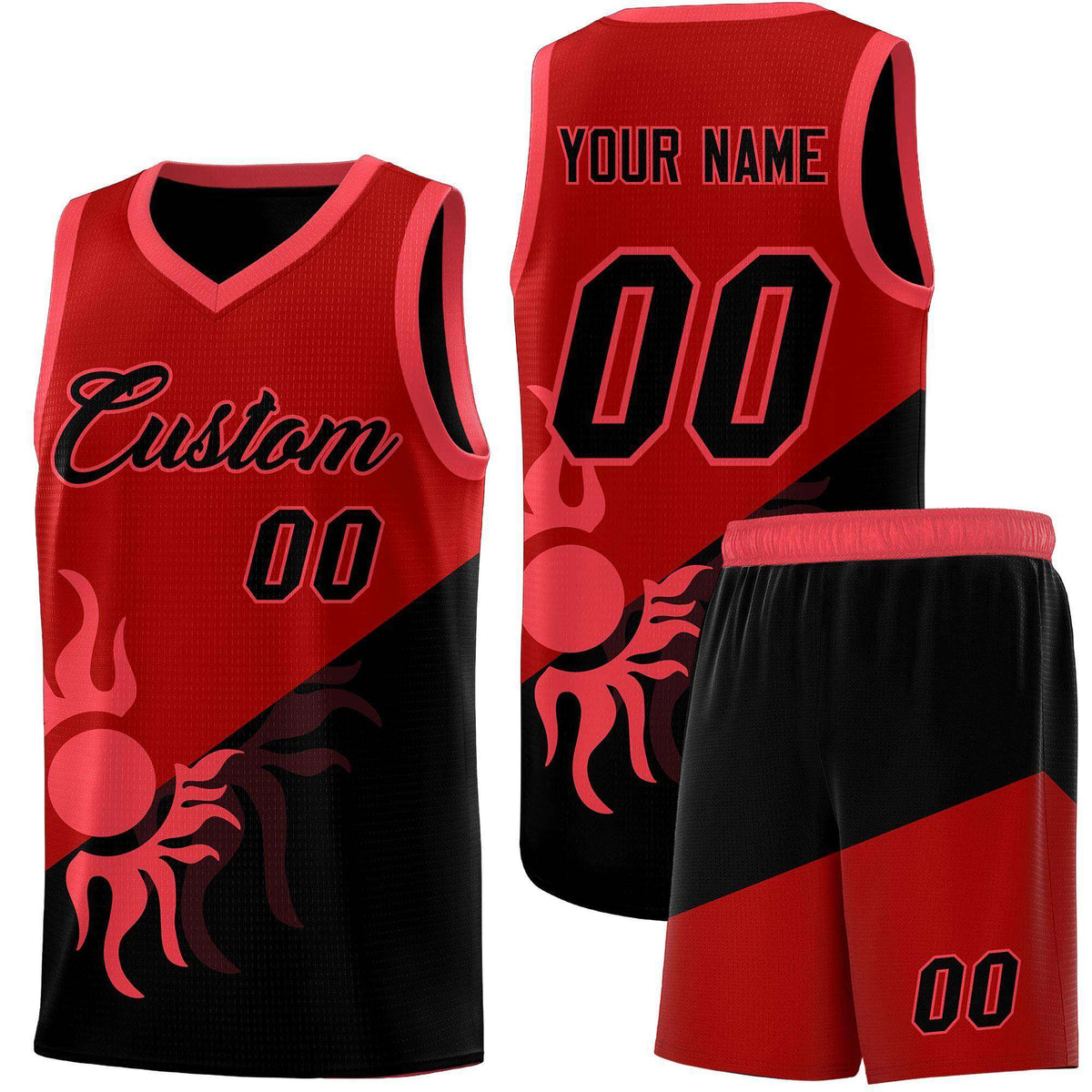 Custom Youth Basketball Jerseys - Red Black Sunburst Design Two Tone Uniforms