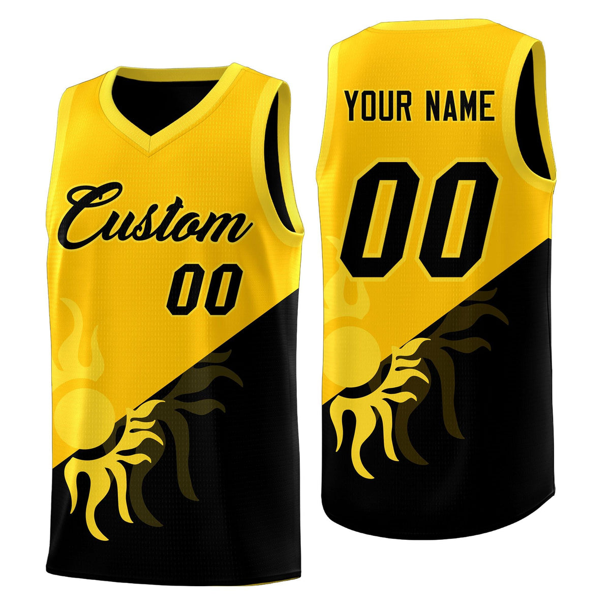 Custom Youth Basketball Jerseys - Yellow Black Sunburst Design Two Tone Uniforms