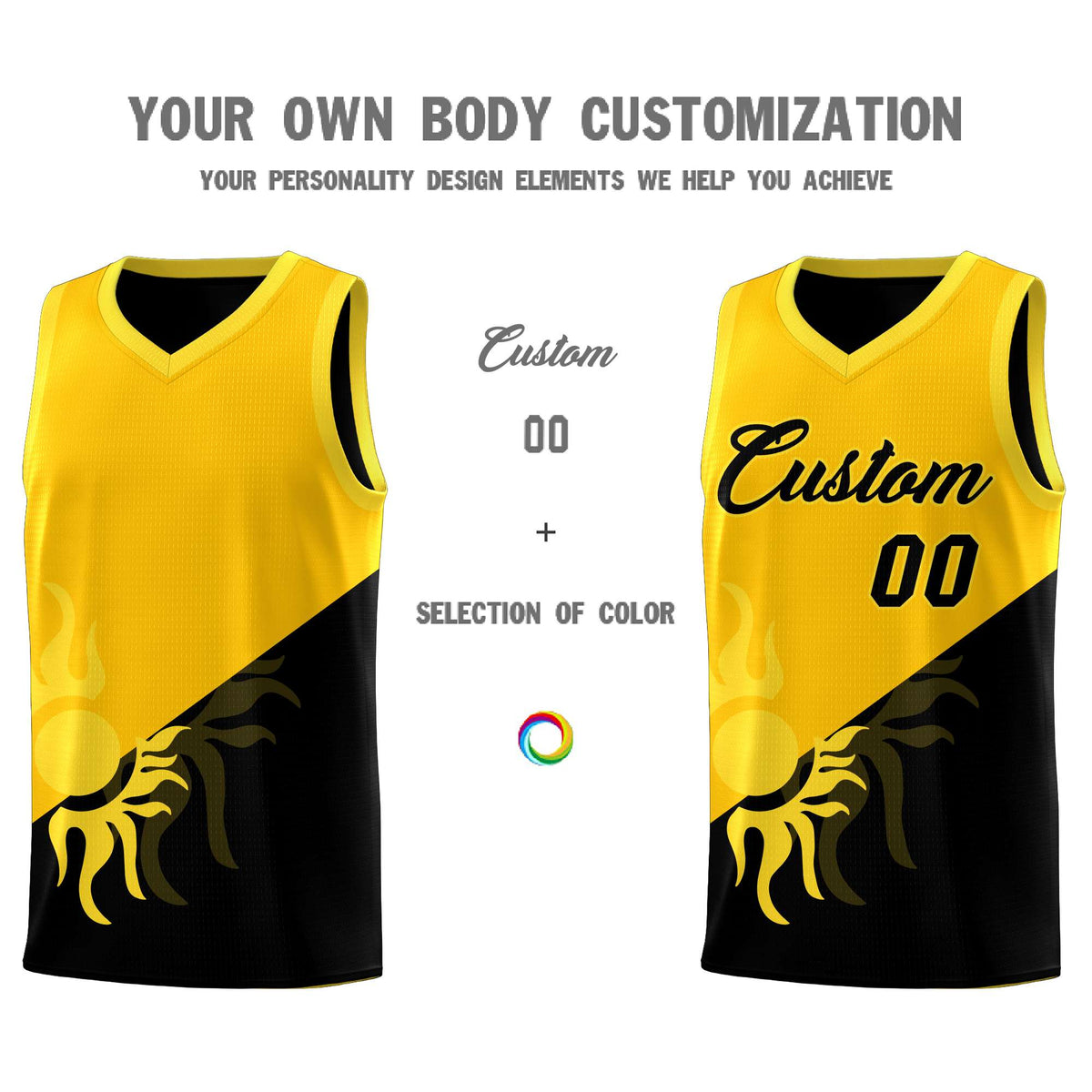 Custom Youth Basketball Jerseys - Yellow Black Sunburst Design Two Tone Uniforms
