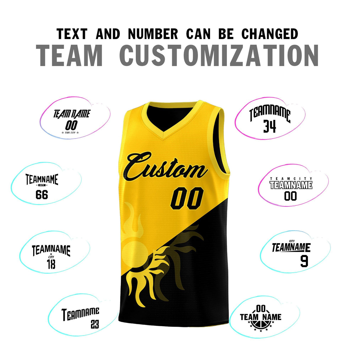 Custom Youth Basketball Jerseys - Yellow Black Sunburst Design Two Tone Uniforms