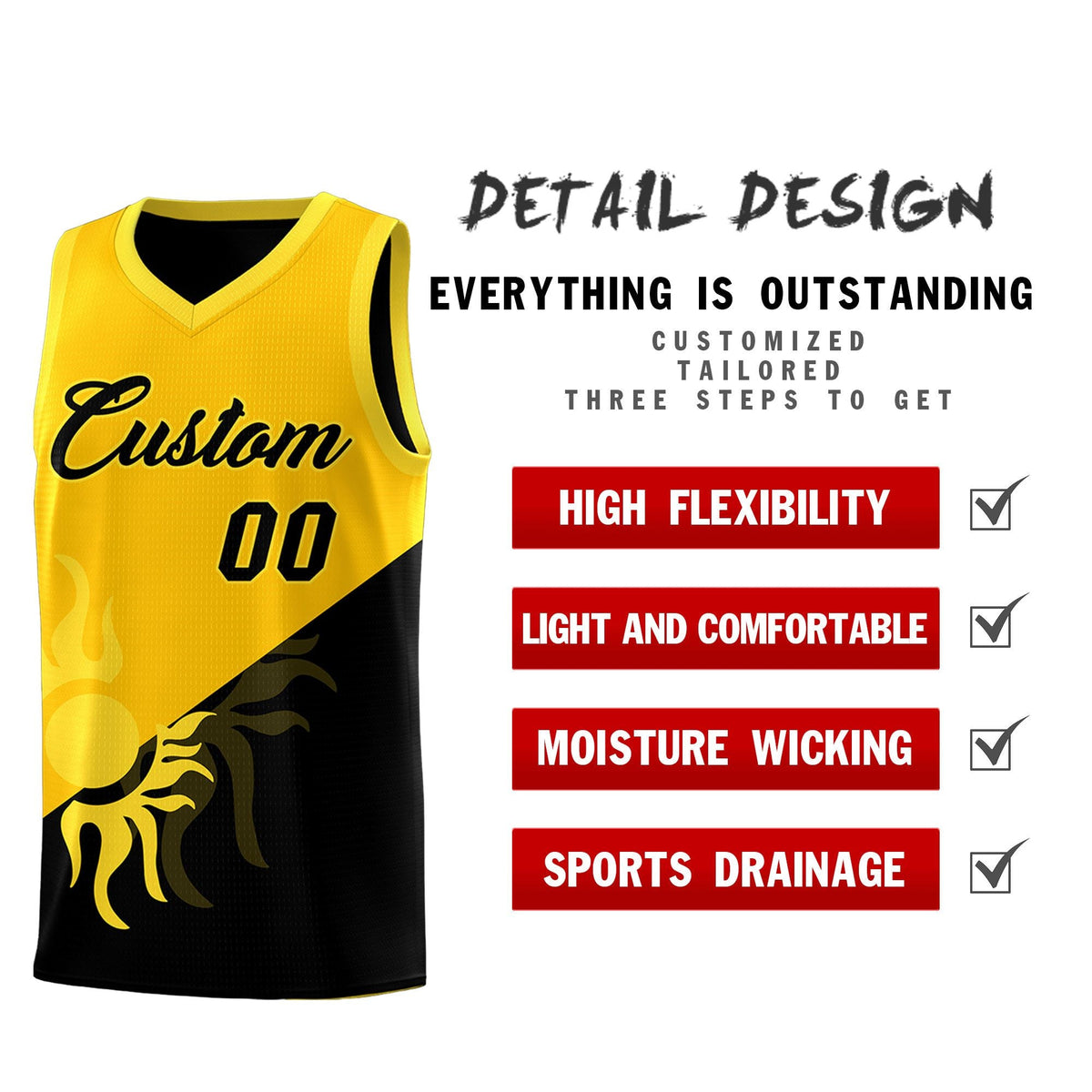 Custom Youth Basketball Jerseys - Yellow Black Sunburst Design Two Tone Uniforms