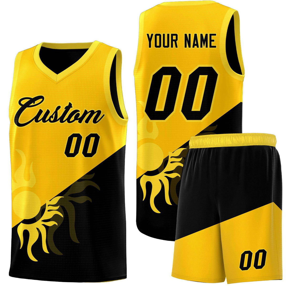 Custom Youth Basketball Jerseys - Yellow Black Sunburst Design Two Tone Uniforms