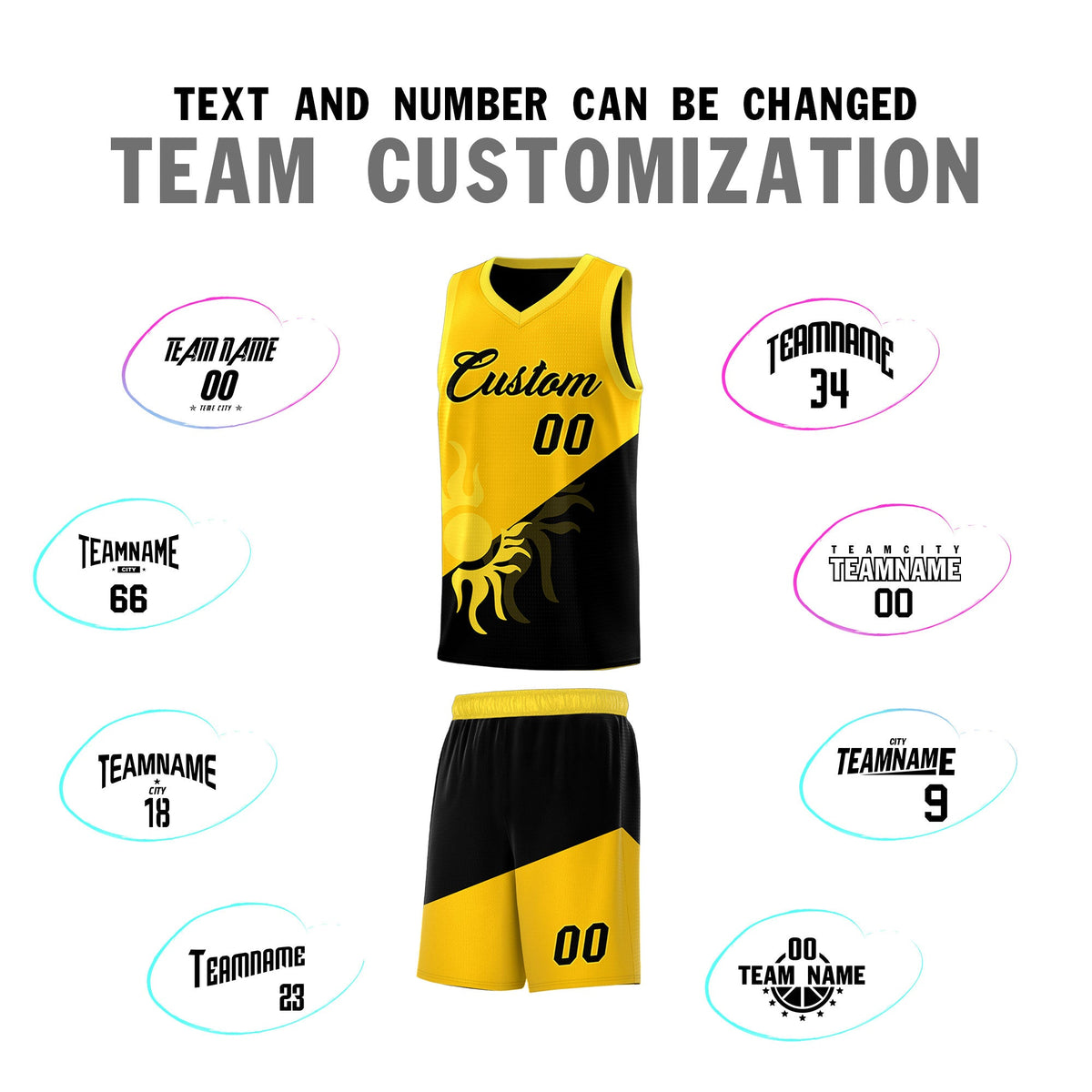 Custom Youth Basketball Jerseys - Yellow Black Sunburst Design Two Tone Uniforms