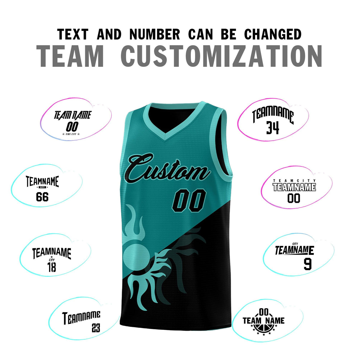 Custom Youth Basketball Jerseys - Teal Black Sunburst Design Two Tone Uniforms