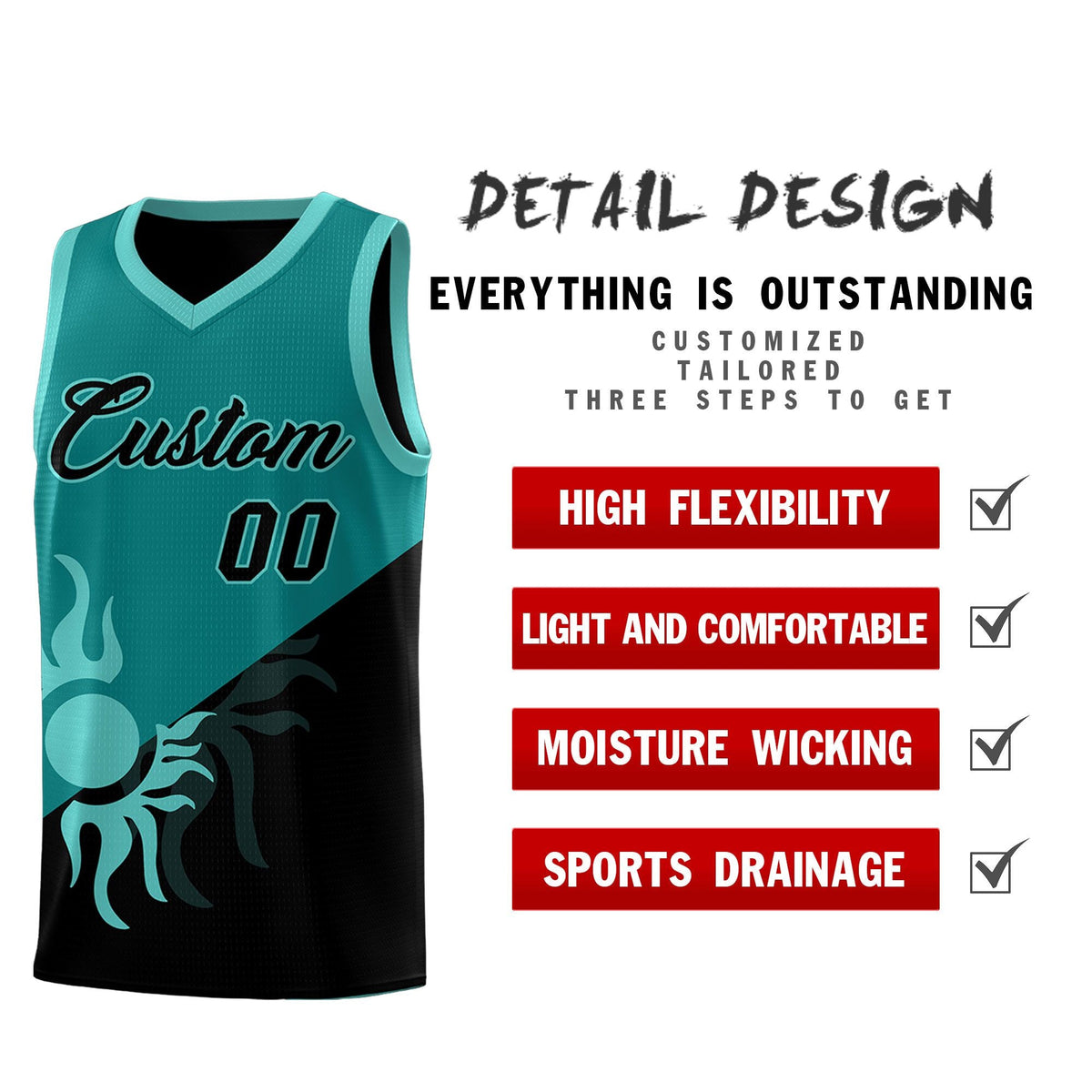 Custom Youth Basketball Jerseys - Teal Black Sunburst Design Two Tone Uniforms