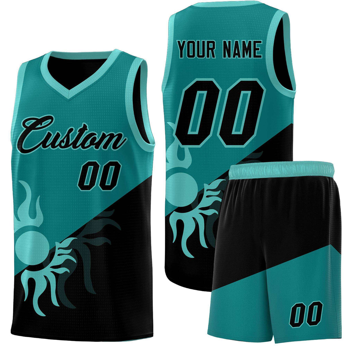 Custom Youth Basketball Jerseys - Teal Black Sunburst Design Two Tone Uniforms