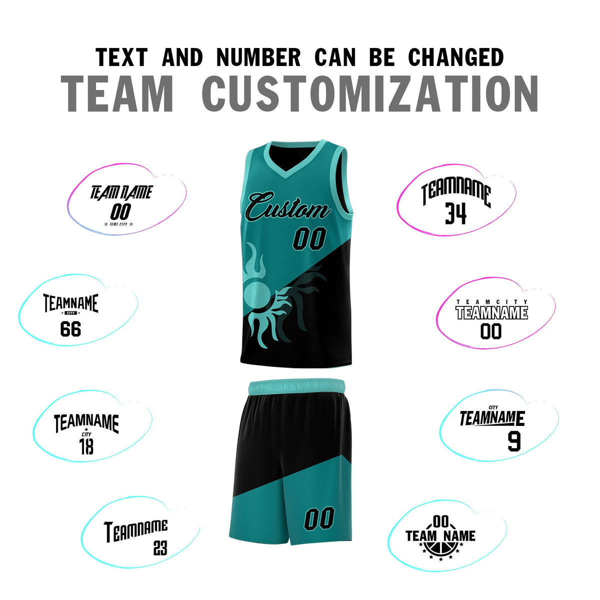 Custom Youth Basketball Jerseys - Teal Black Sunburst Design Two Tone Uniforms