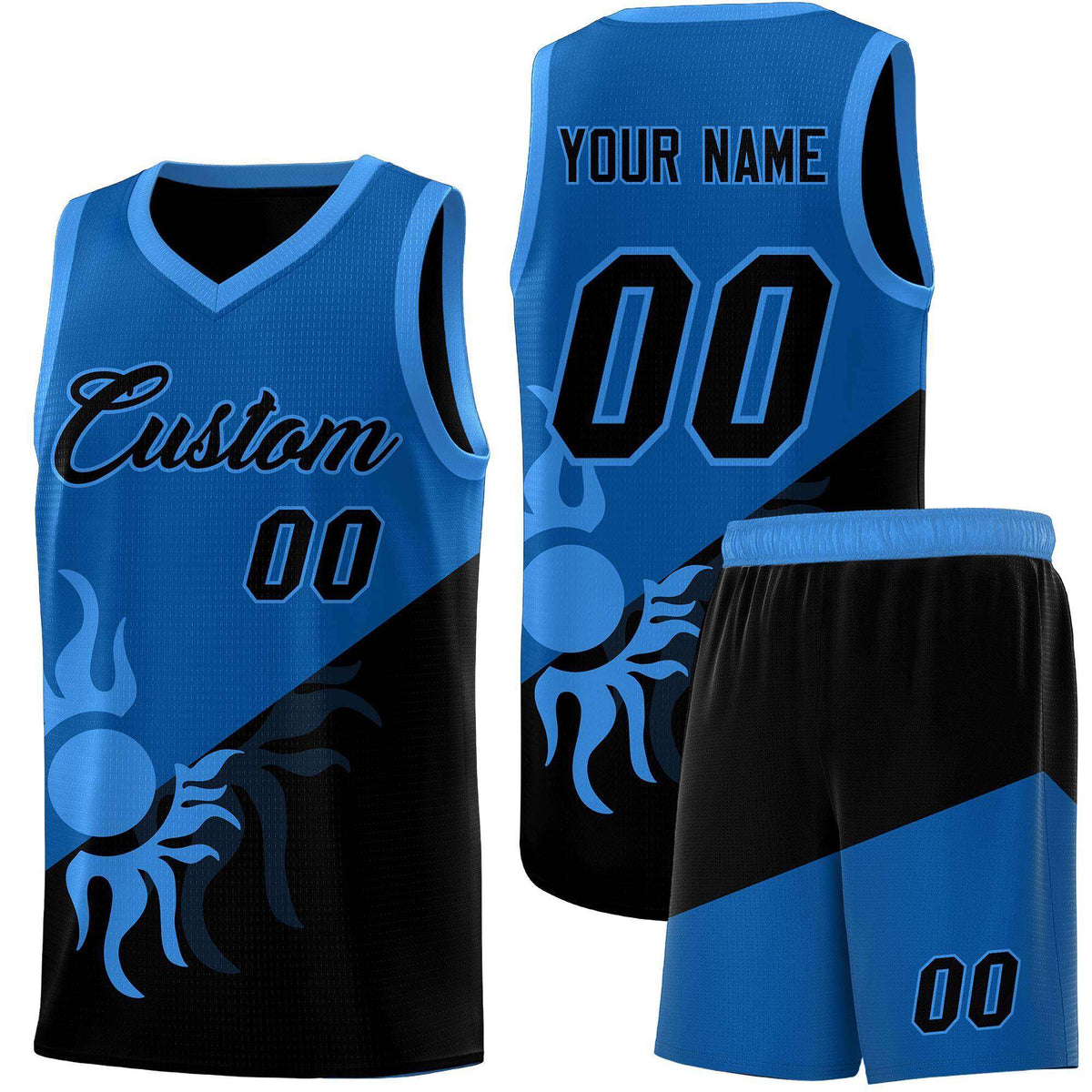 Custom Youth Basketball Jerseys - Royal Black Radiant Sun Design Two Tone Uniforms