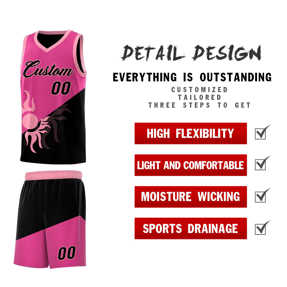 Custom Youth Basketball Jerseys - Rose Red Black Radiant Sun Design Two Tone Uniforms