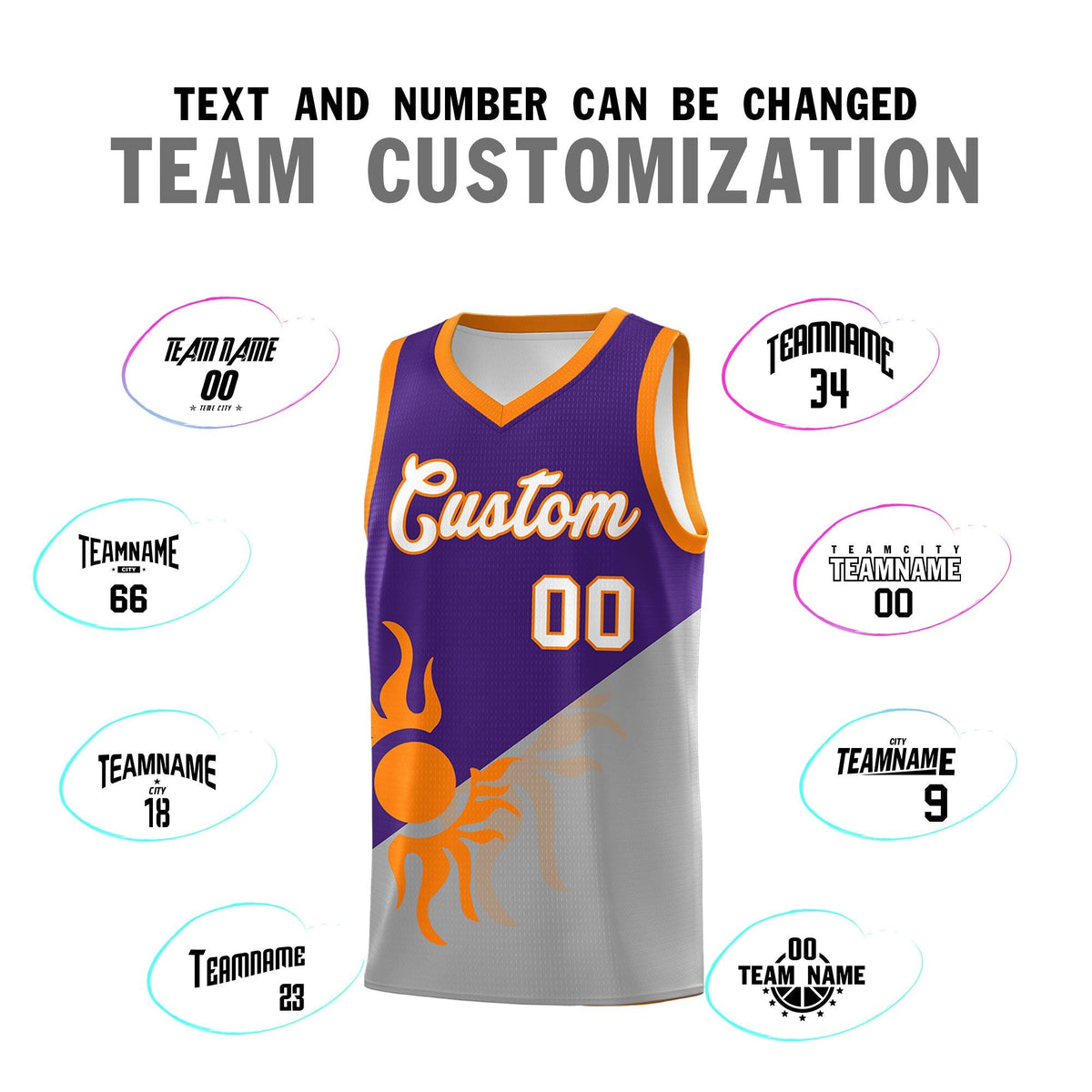 Custom Youth Basketball Jerseys - Purple Gray Sunburst Design Two Tone Uniforms