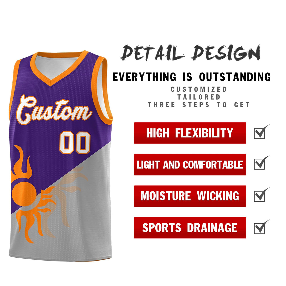 Custom Youth Basketball Jerseys - Purple Gray Sunburst Design Two Tone Uniforms