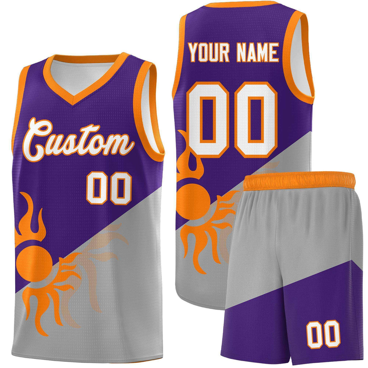 Custom Youth Basketball Jerseys - Purple Gray Sunburst Design Two Tone Uniforms