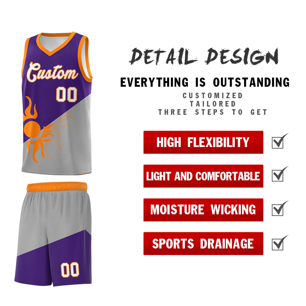 Custom Youth Basketball Jerseys - Purple Gray Sunburst Design Two Tone Uniforms