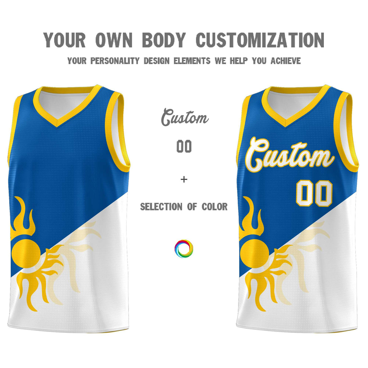 Custom Youth Basketball Jerseys - Royal White Radiant Sun Design Two Tone Uniforms