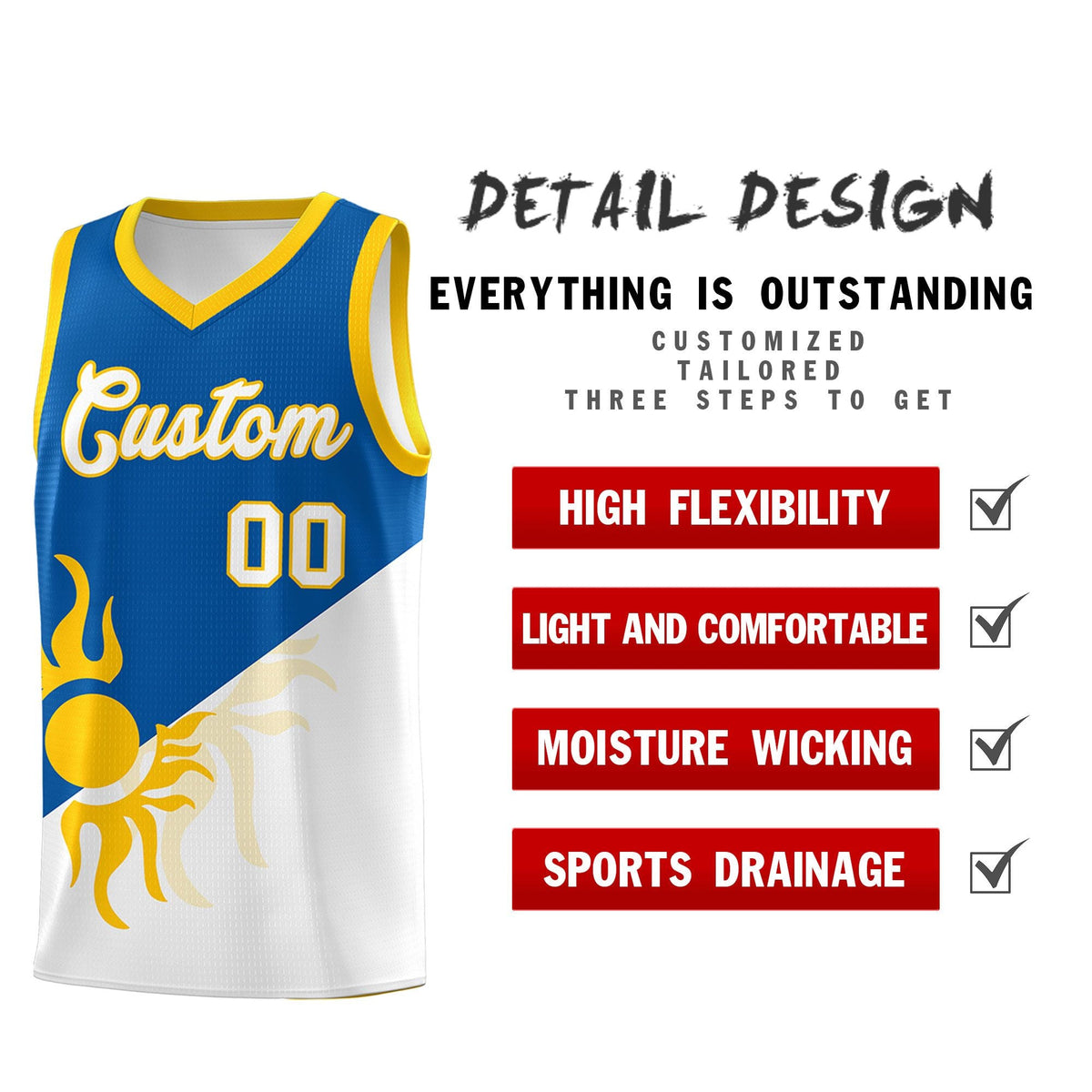 Custom Youth Basketball Jerseys - Royal White Radiant Sun Design Two Tone Uniforms