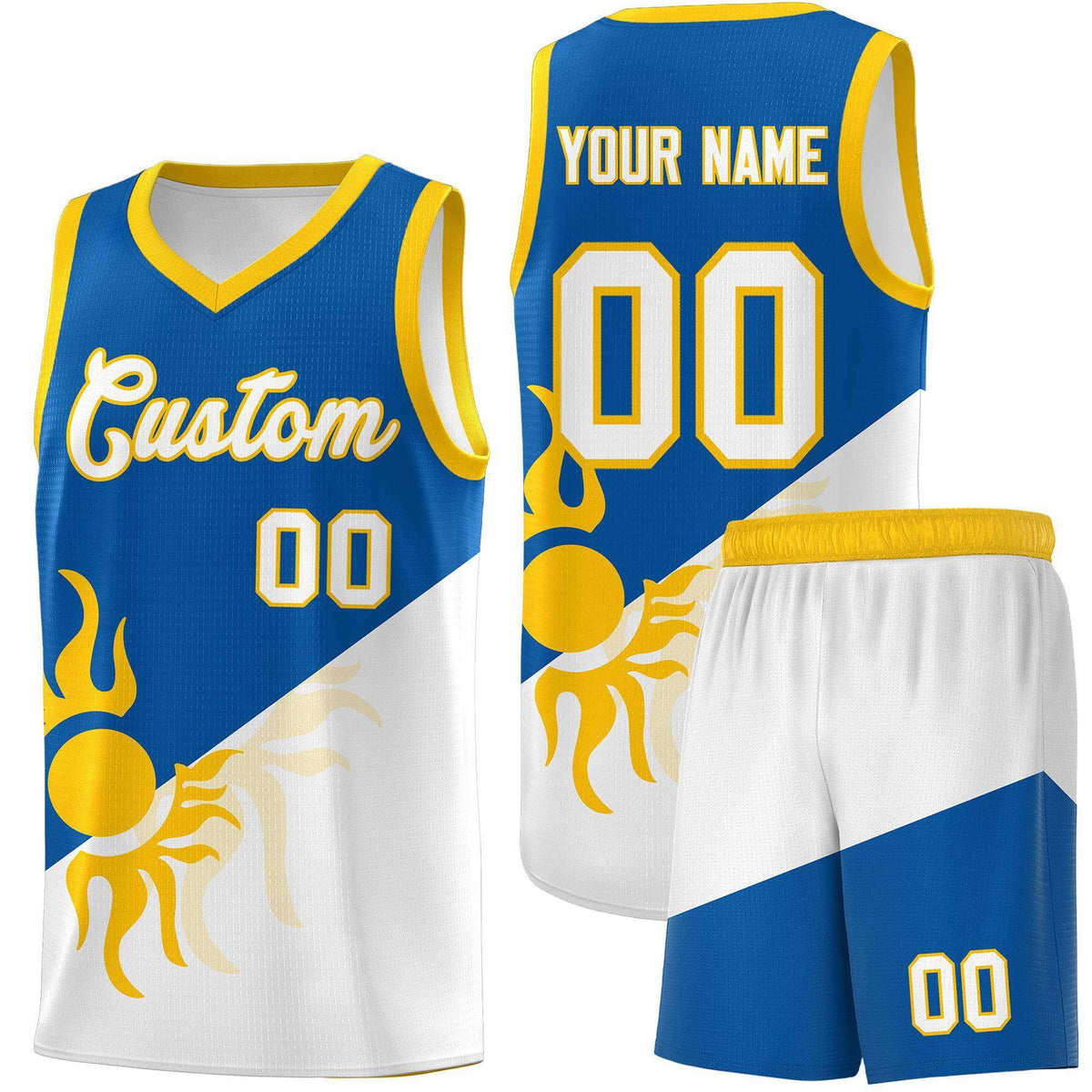 Custom Youth Basketball Jerseys - Royal White Radiant Sun Design Two Tone Uniforms
