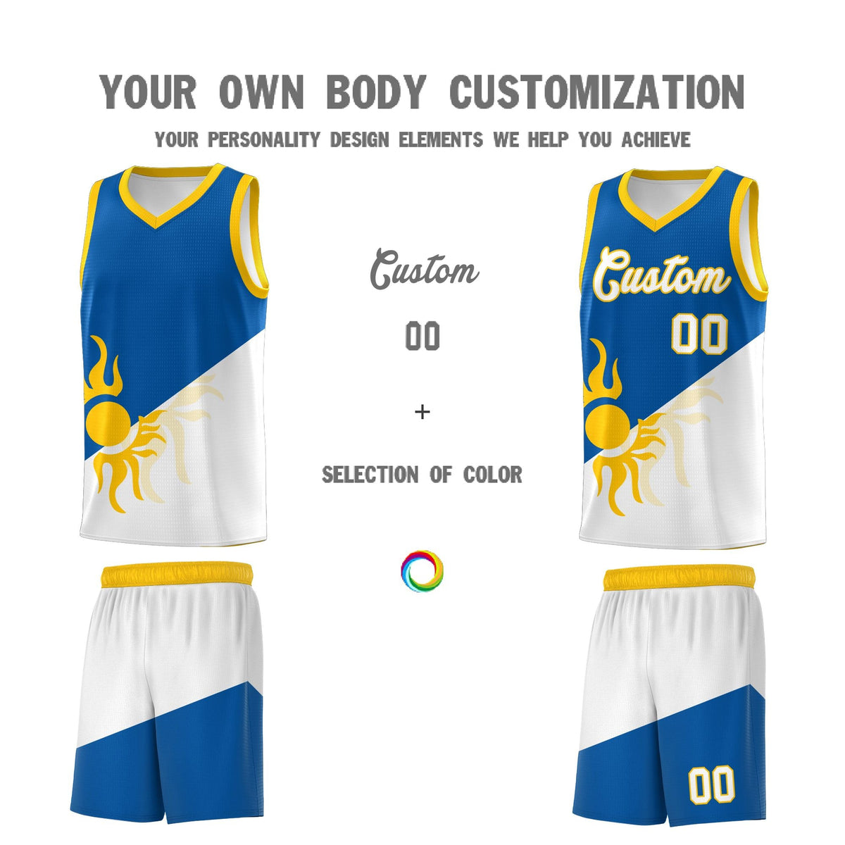Custom Youth Basketball Jerseys - Royal White Radiant Sun Design Two Tone Uniforms