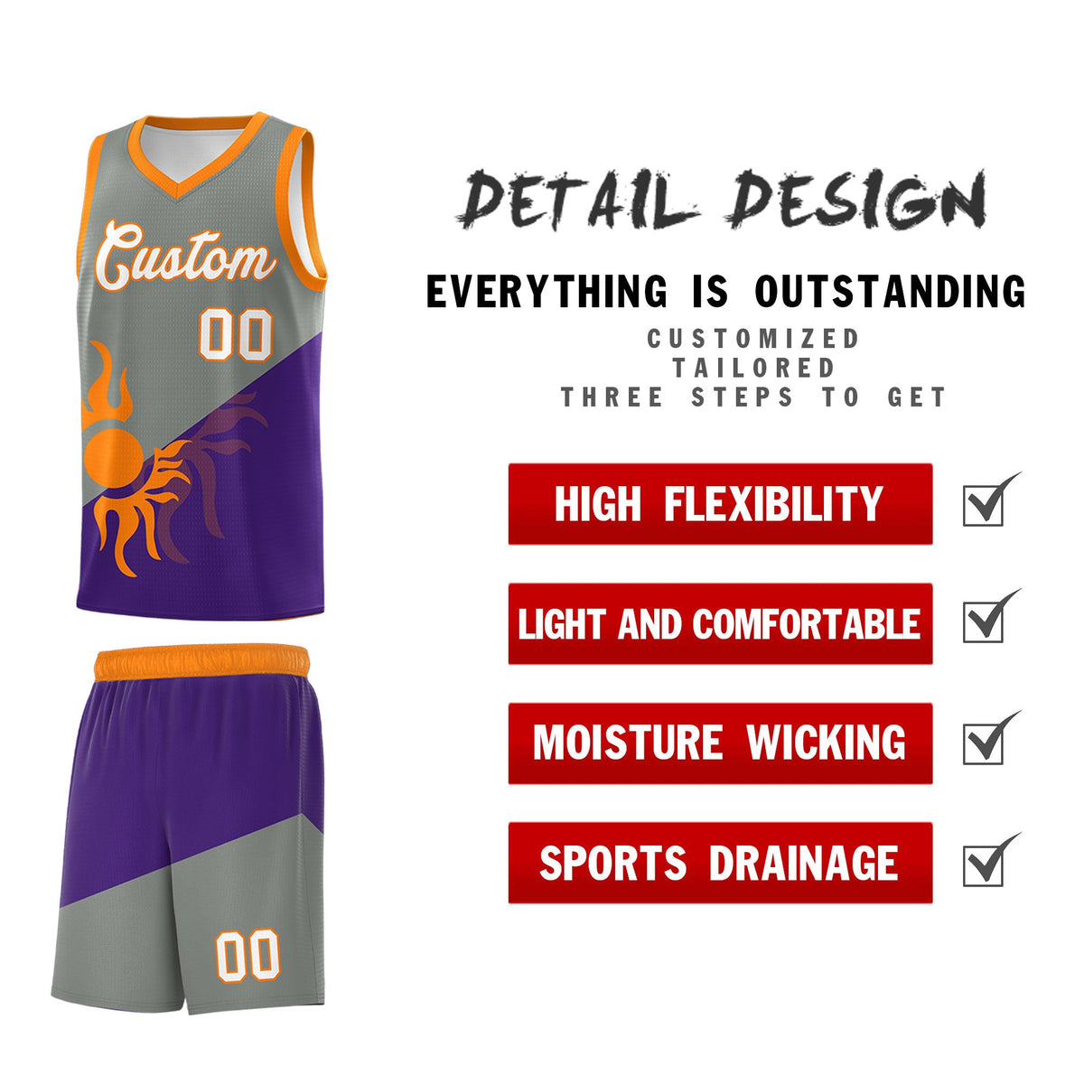 Custom Youth Basketball Jerseys - Gray Purple Sunburst Design Two Tone Uniforms