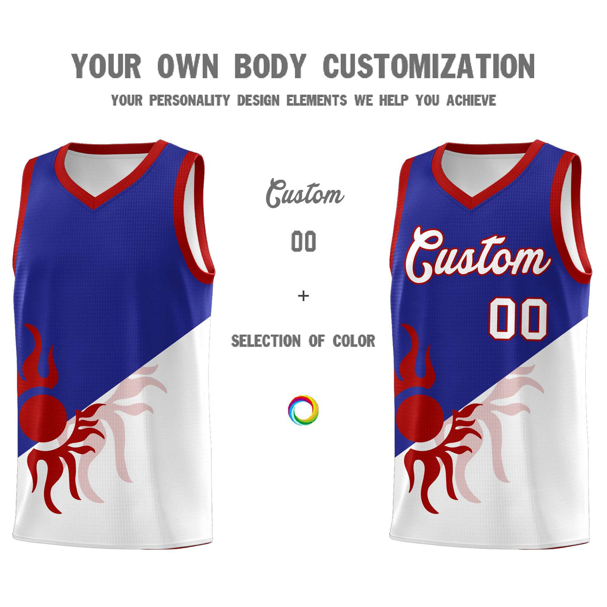 Custom Youth Basketball Jerseys - Royal White Radiant Sun Design Two Tone Uniforms