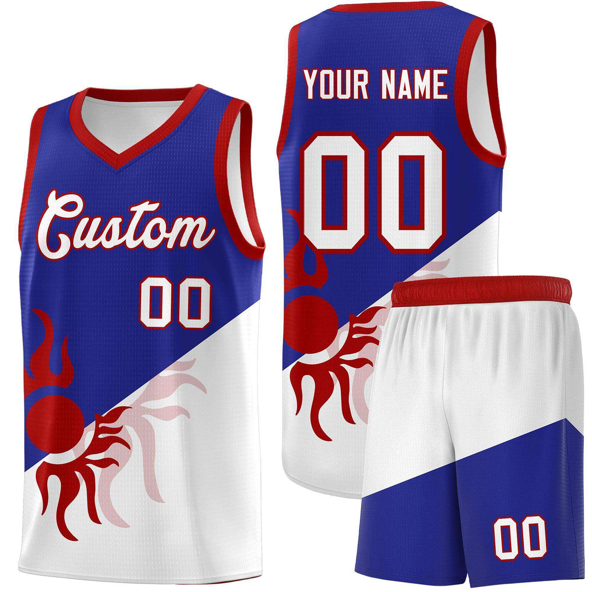 Custom Youth Basketball Jerseys - Royal White Radiant Sun Design Two Tone Uniforms