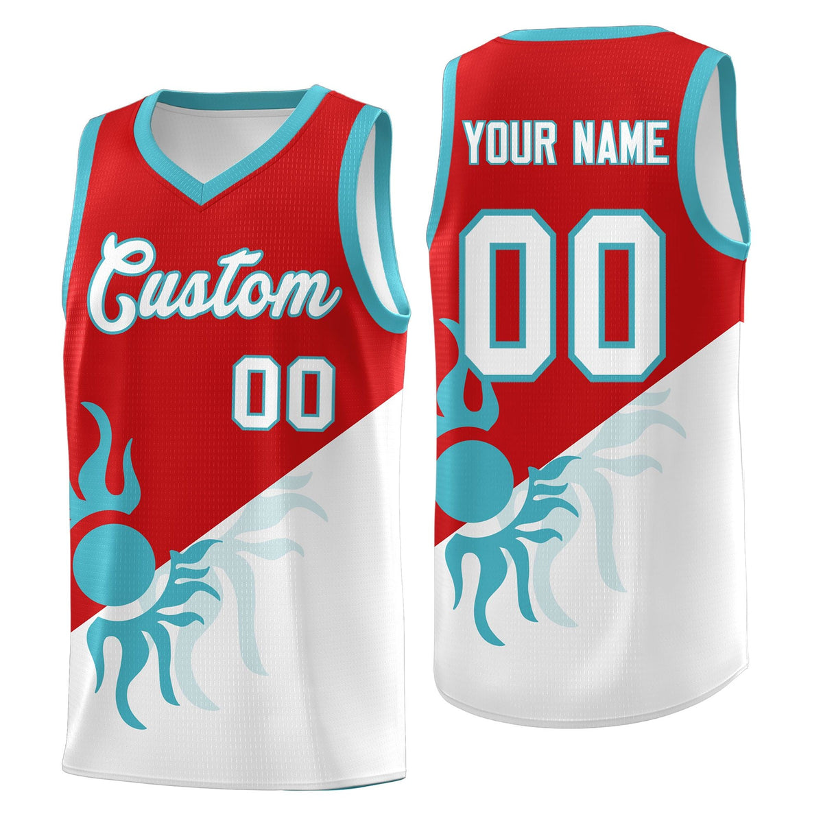 Custom Youth Basketball Jerseys - Red White Radiant Sun Design Two Tone Uniforms