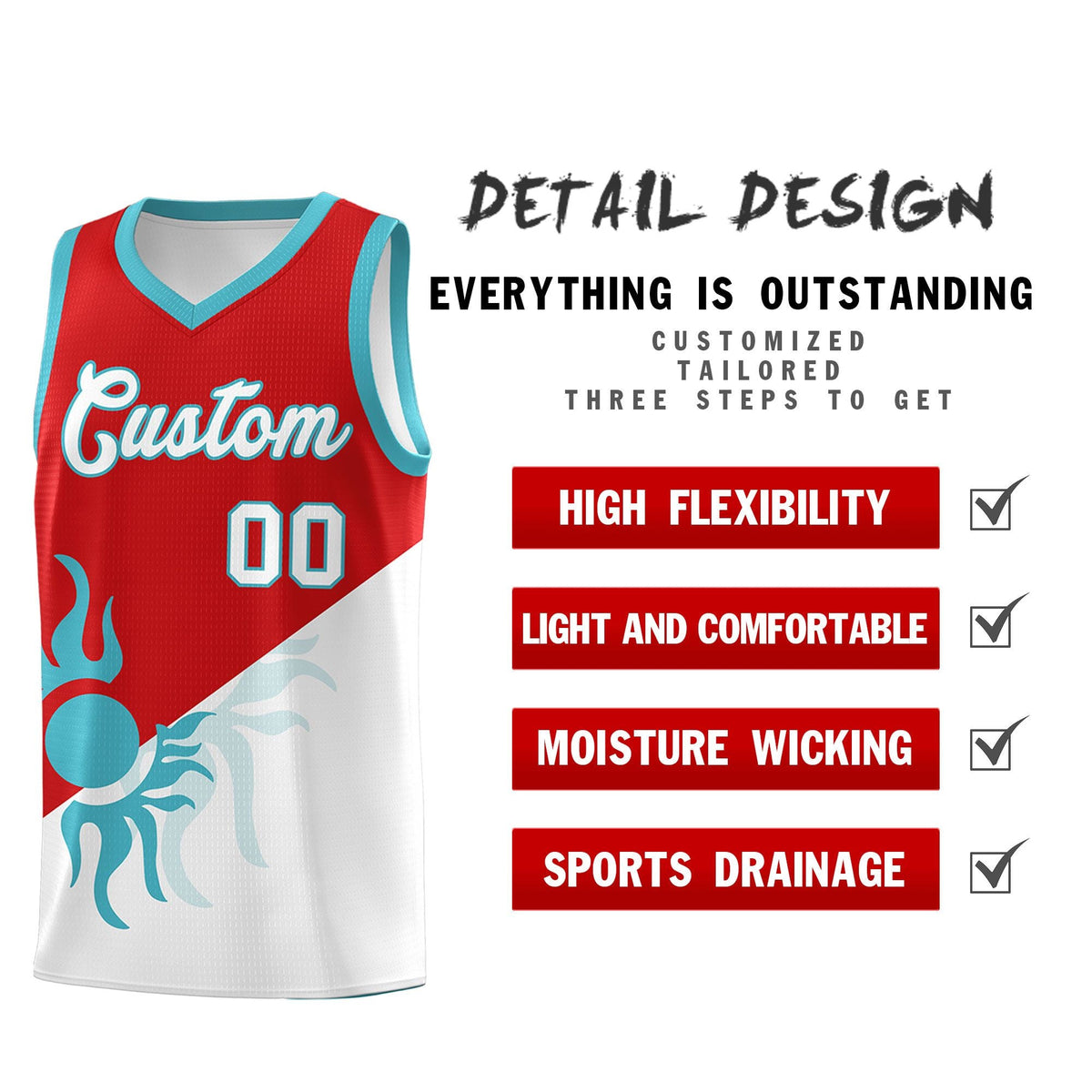 Custom Youth Basketball Jerseys - Red White Radiant Sun Design Two Tone Uniforms
