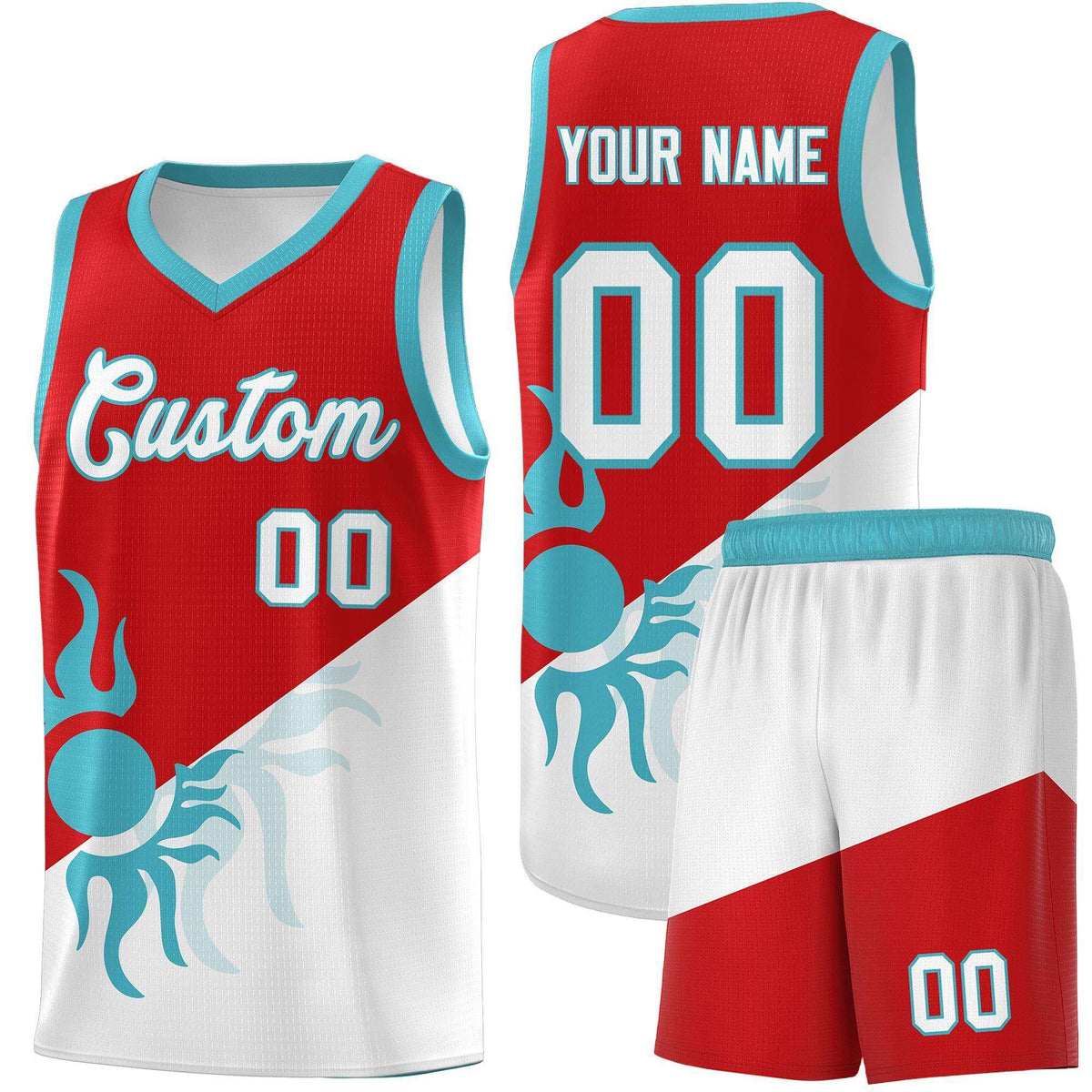 Custom Youth Basketball Jerseys - Red White Radiant Sun Design Two Tone Uniforms