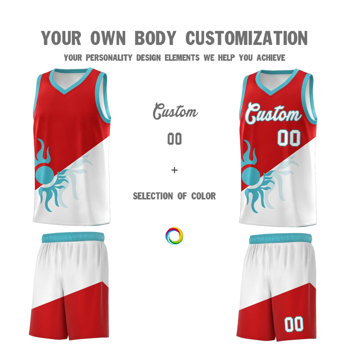 Custom Youth Basketball Jerseys - Red White Radiant Sun Design Two Tone Uniforms