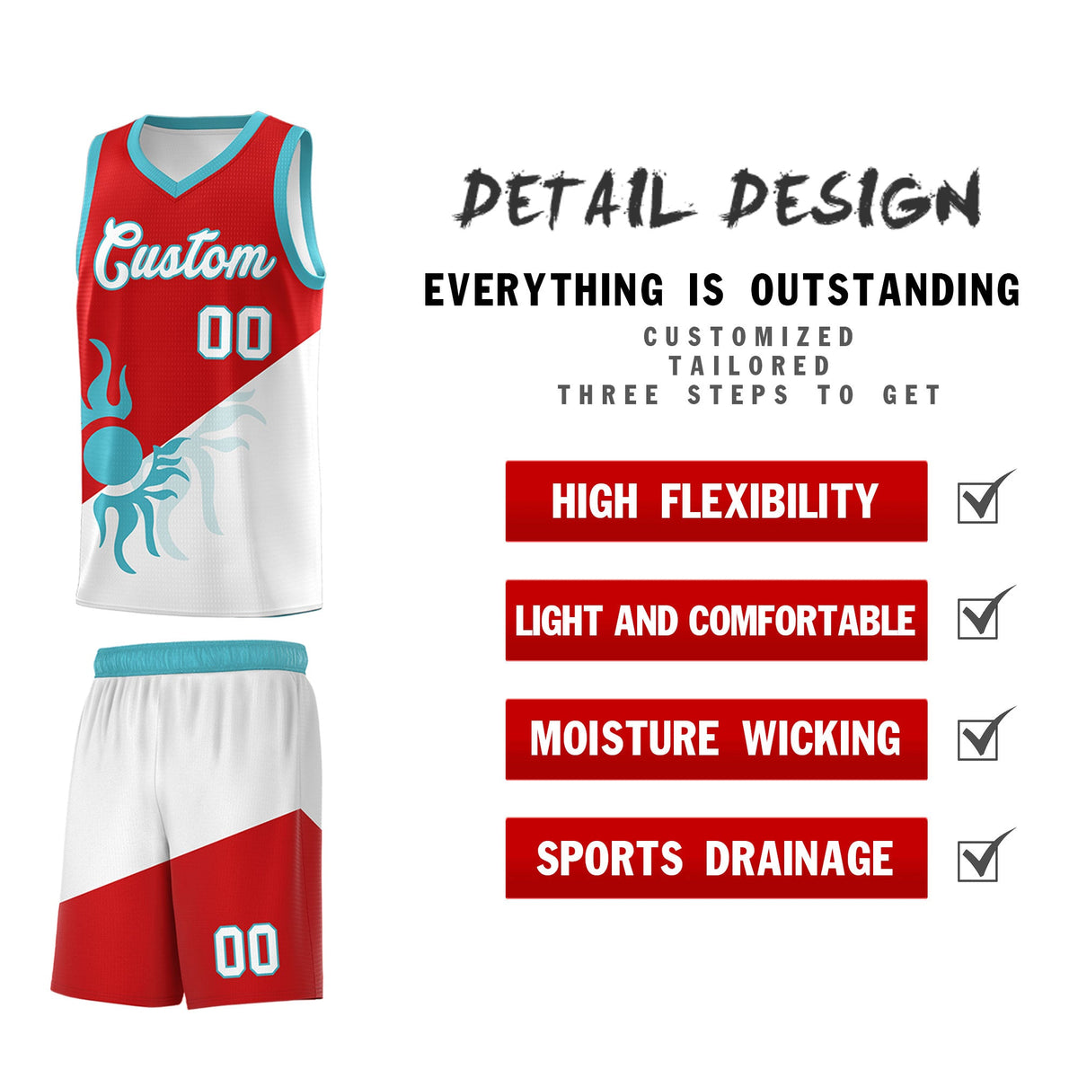 Custom Youth Basketball Jerseys - Red White Radiant Sun Design Two Tone Uniforms