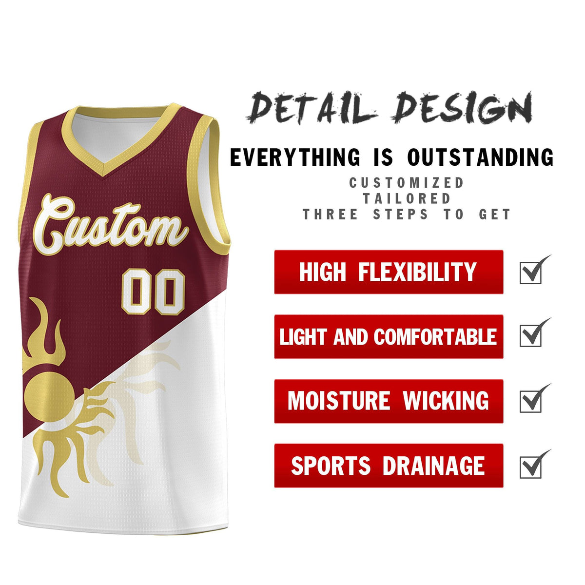 Custom Youth Basketball Jerseys - Burgundy White Sunburst Design Two Tone Uniforms