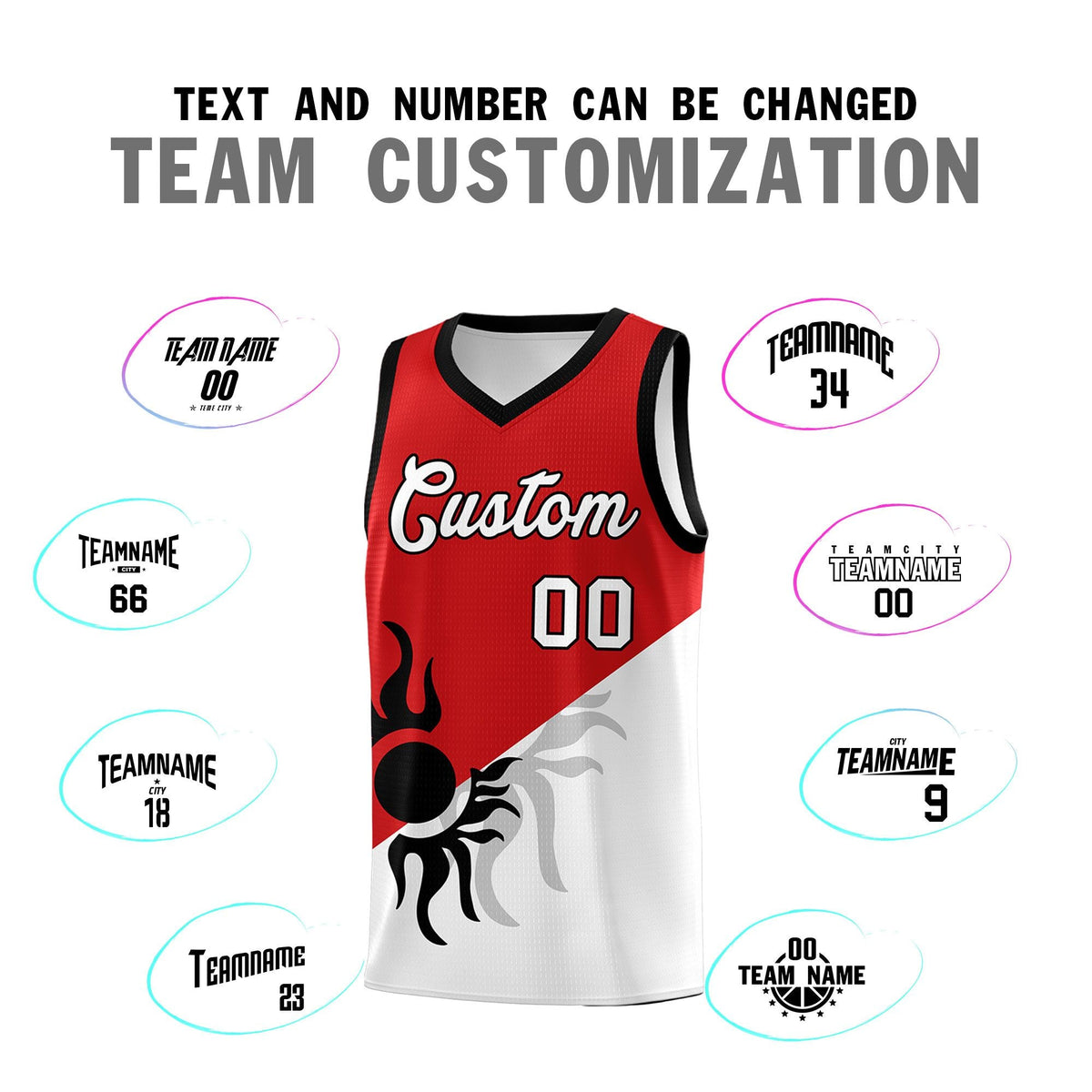 Custom Youth Basketball Jerseys - Red White Sunburst Design Two Tone Uniforms